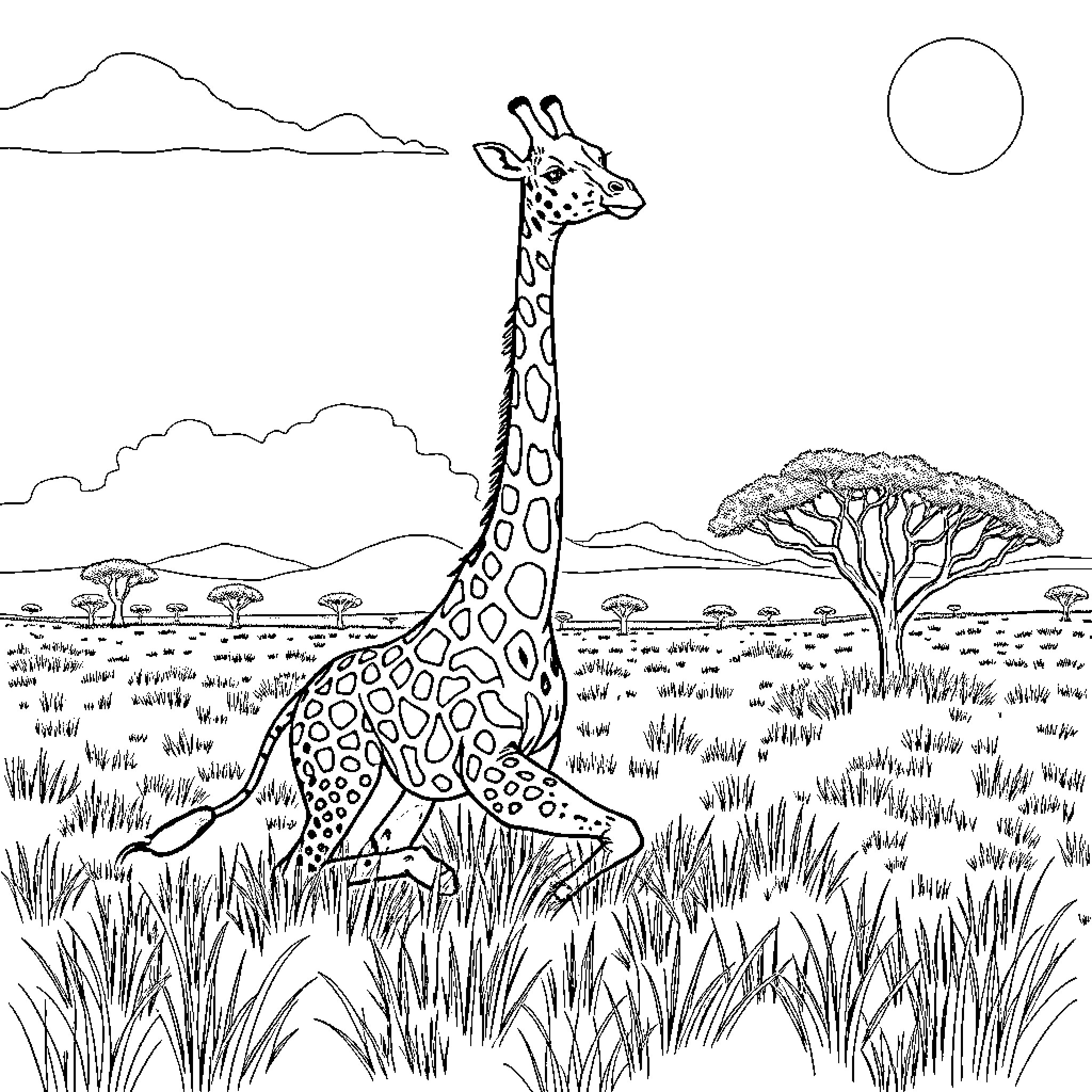 Giraffe standing majestically in the African savanna Coloring Page (free black-and-white line drawing printable PDF for all, from beginners to advanced learners, including children, teens, adults, and seniors)