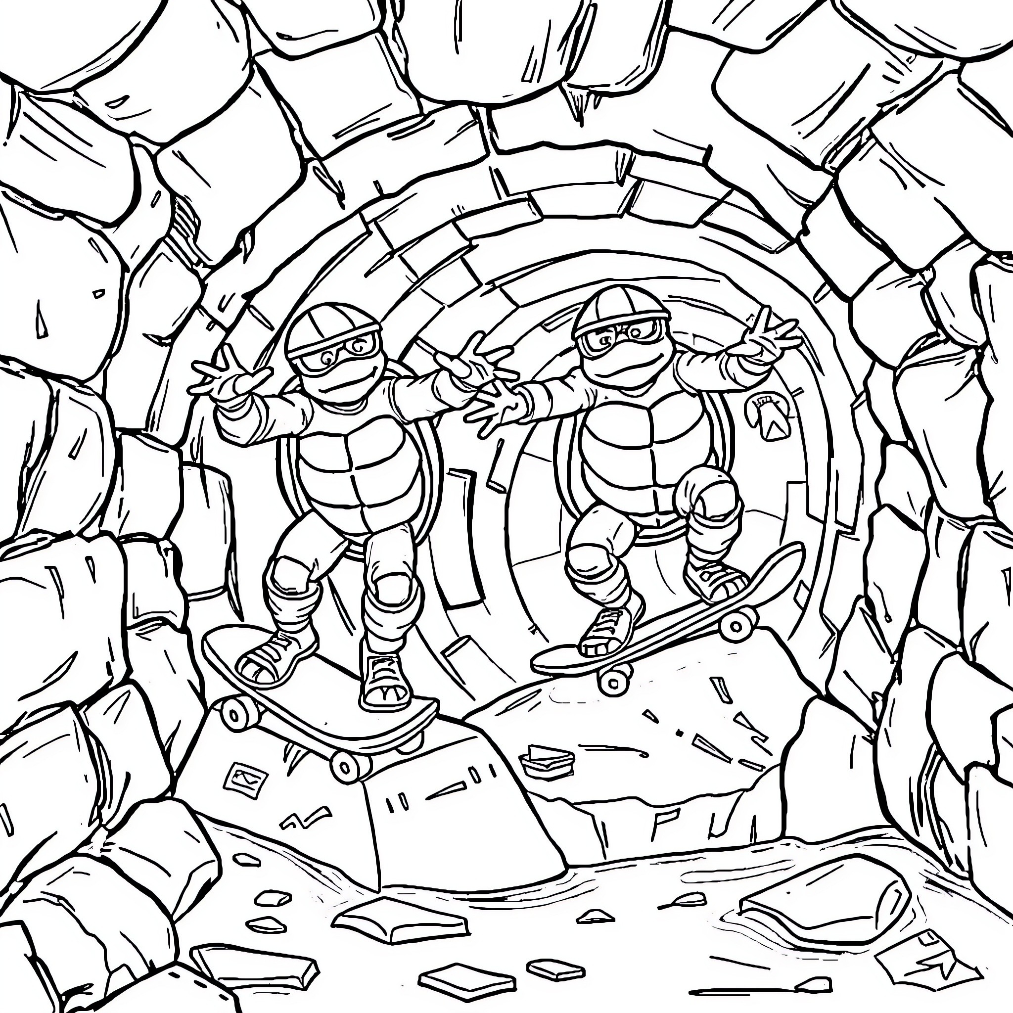 Turtle Skaters Explore Mysterious Cave Coloring Page (free black-and-white line drawing printable PDF for all, from beginners to advanced learners, including children, teens, adults, and seniors)