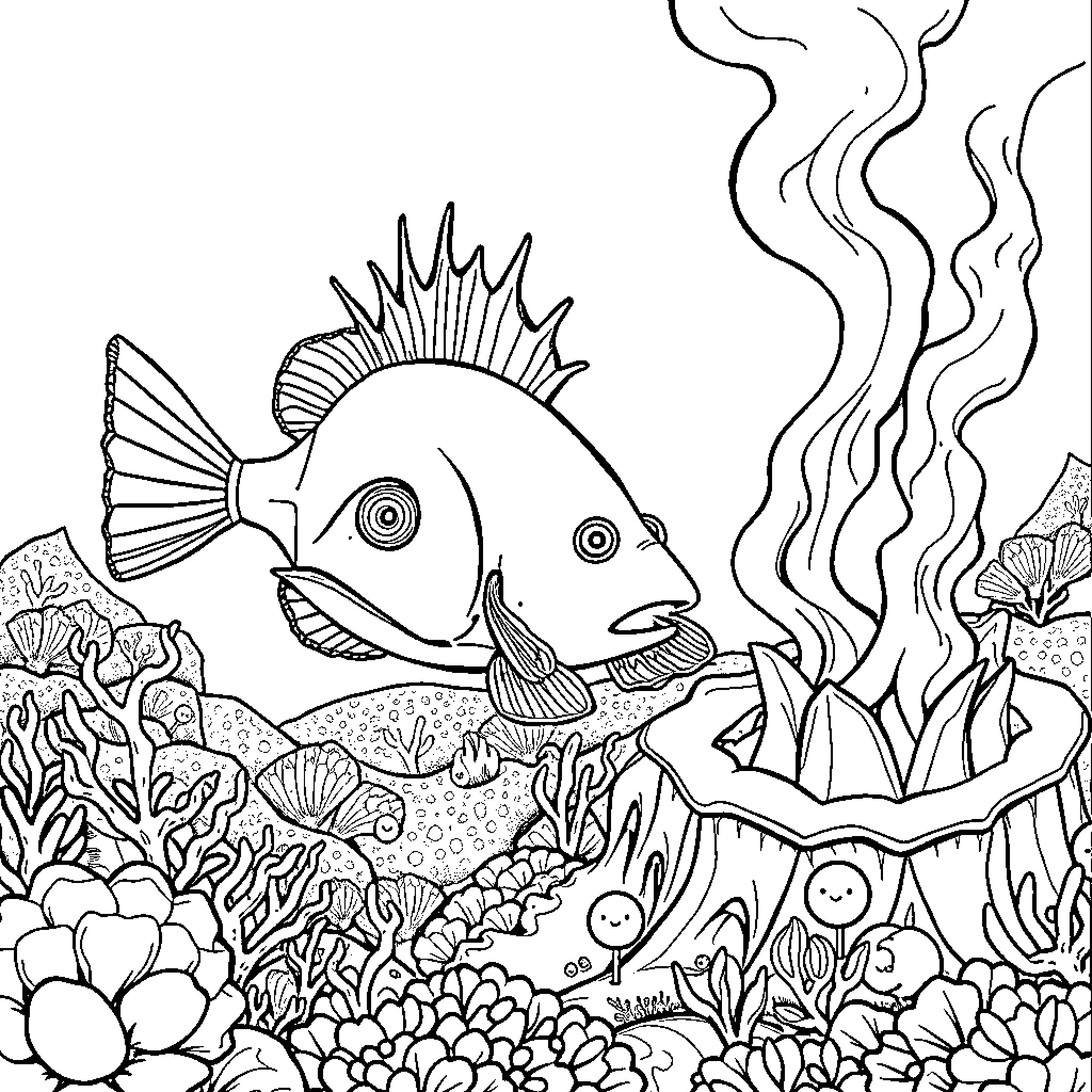 Anglerfish exploring colorful underwater scene Coloring Page (free black-and-white line drawing printable PDF for all, from beginners to advanced learners, including children, teens, adults, and seniors)