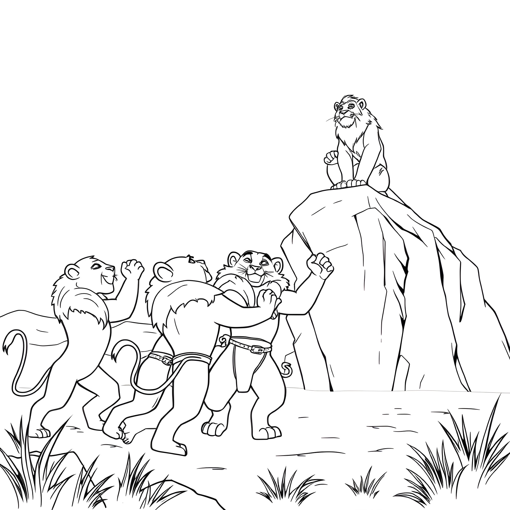 Lion Pride Gathering on Cliff Coloring Page (free black-and-white line drawing printable PDF for all, from beginners to advanced learners, including children, teens, adults, and seniors)