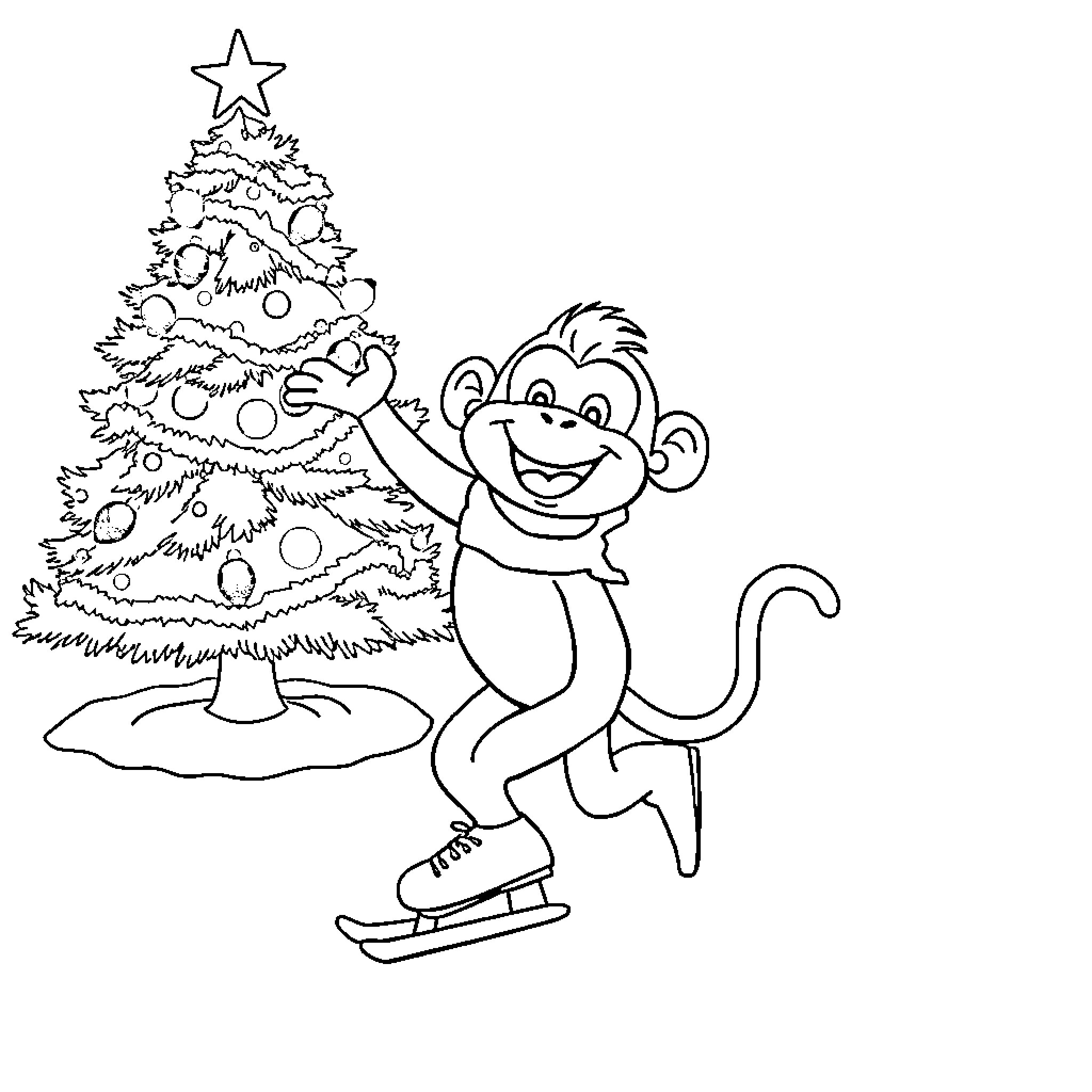 Monkey decorating Christmas tree with joy Coloring Page (free black-and-white line drawing printable PDF for all, from beginners to advanced learners, including children, teens, adults, and seniors)