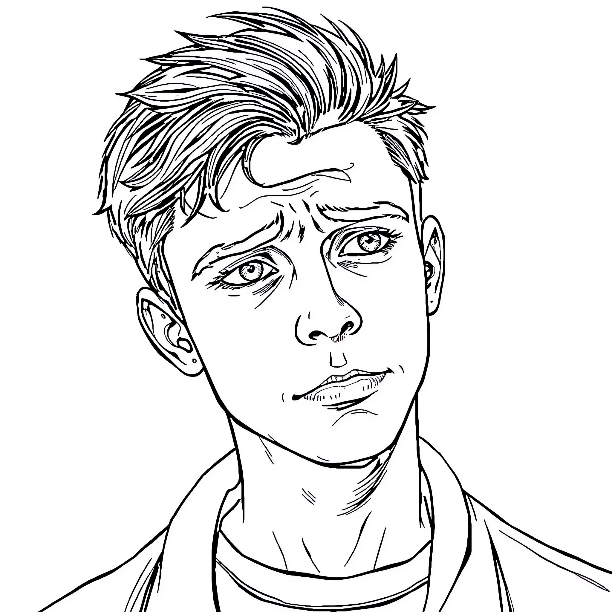 Young Man with Expressive Features and Styled Hair Coloring Page (free black-and-white line drawing printable PDF for all, from beginners to advanced learners, including children, teens, adults, and seniors)