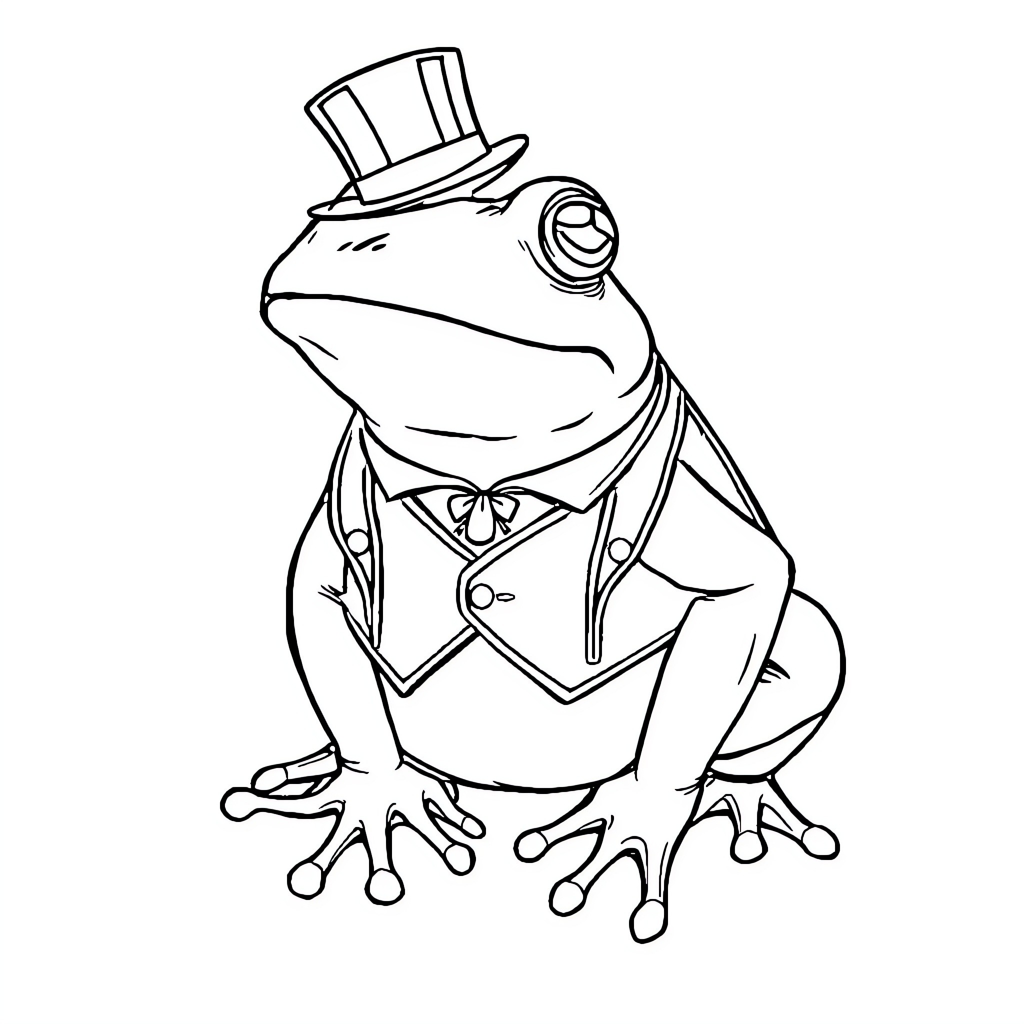 Frog in formal attire with a top hat Coloring Page (free black-and-white line drawing printable PDF for all, from beginners to advanced learners, including children, teens, adults, and seniors)