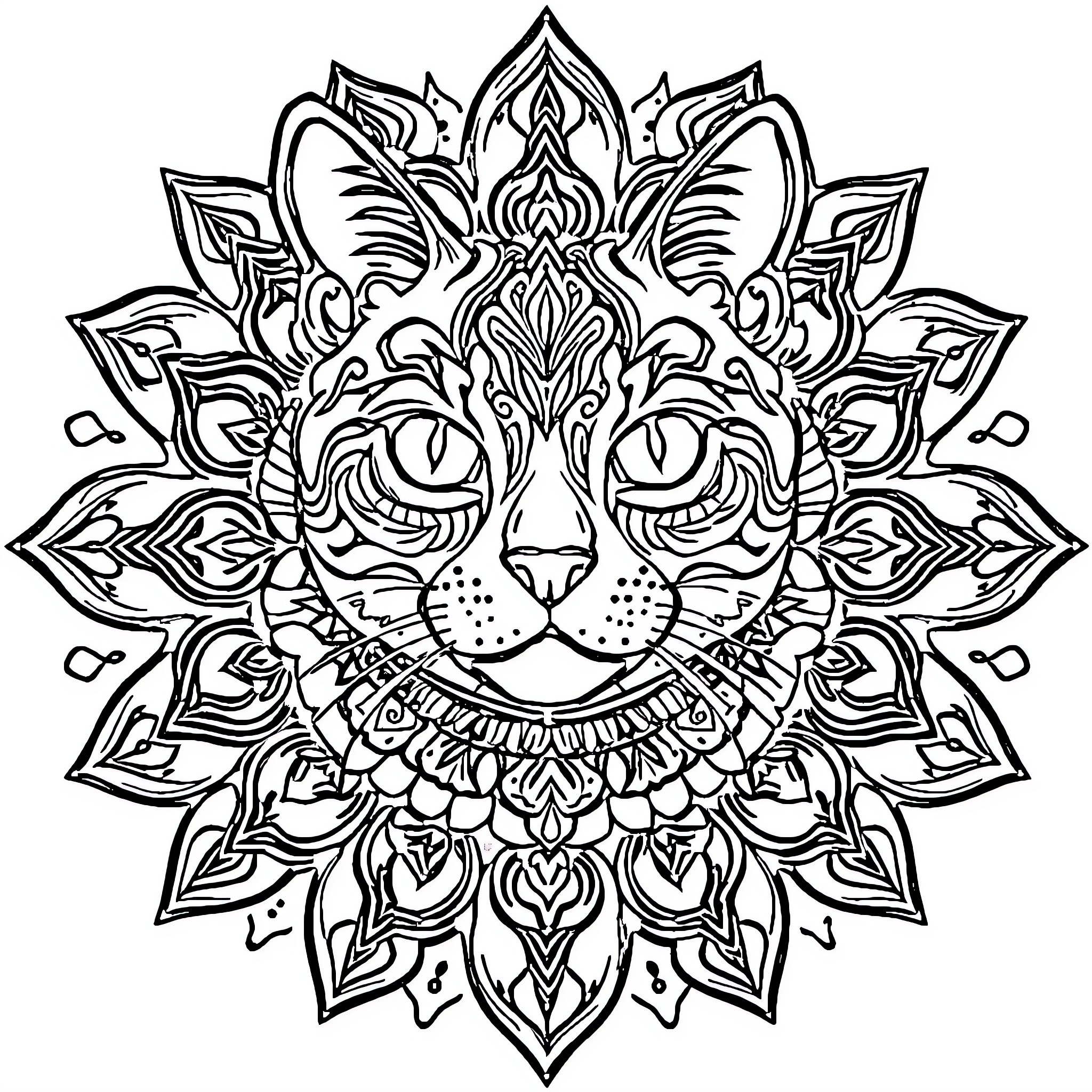 Cat surrounded by intricate floral patterns Coloring Page (free black-and-white line drawing printable PDF for all, from beginners to advanced learners, including children, teens, adults, and seniors)