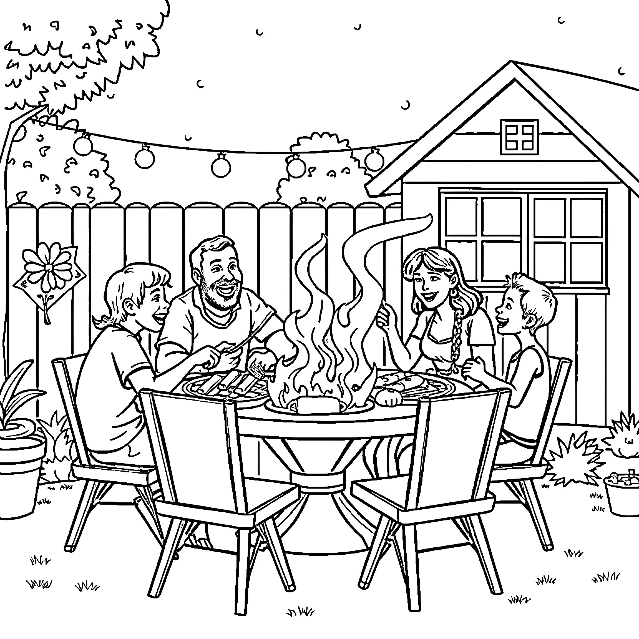 Family Enjoying Outdoor Barbecue Gathering Coloring Page (free black-and-white line drawing printable PDF for all, from beginners to advanced learners, including children, teens, adults, and seniors)