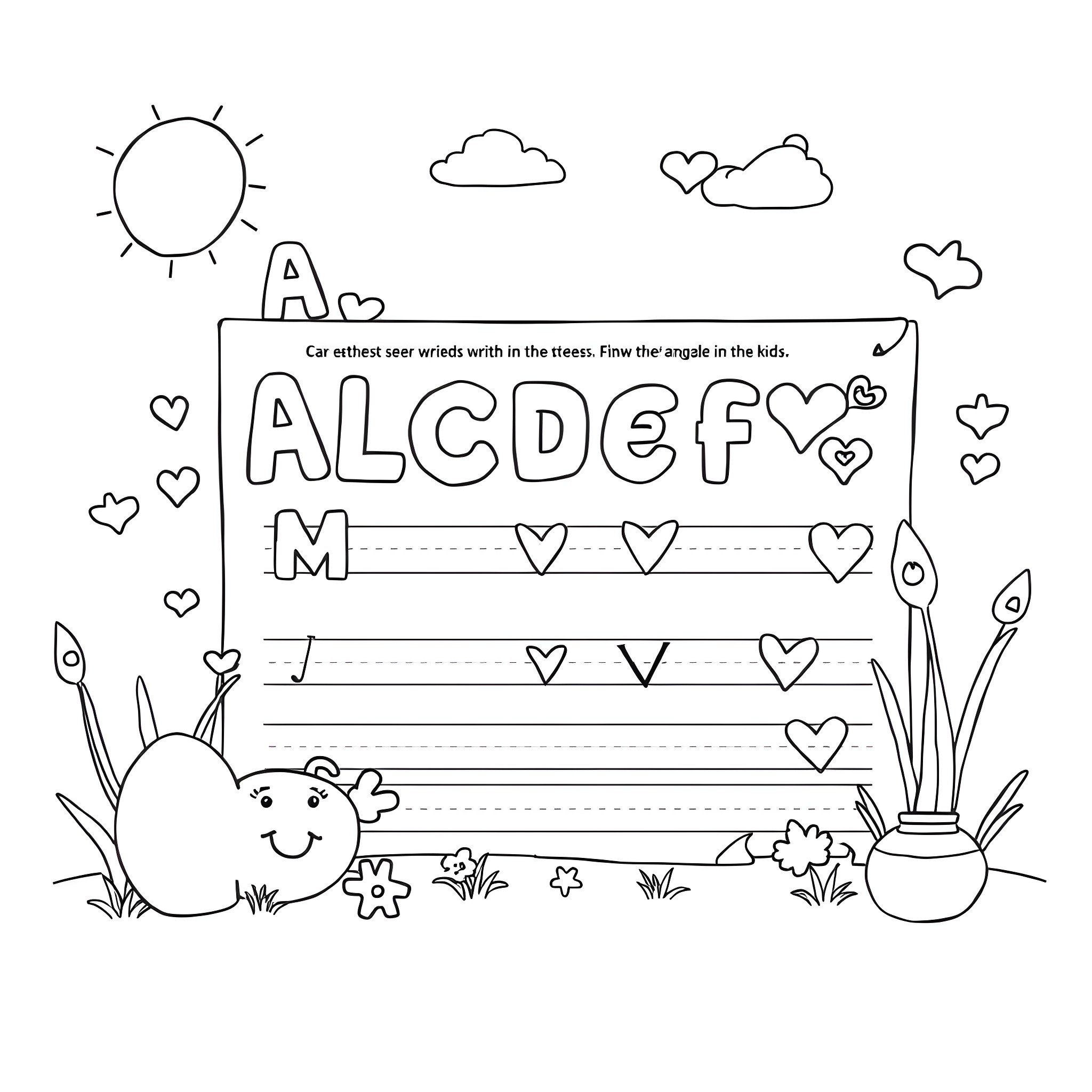 Number Letters and heart shapes in the hills Coloring Page (free black-and-white line drawing printable PDF for all, from beginners to advanced learners, including children, teens, adults, and seniors)