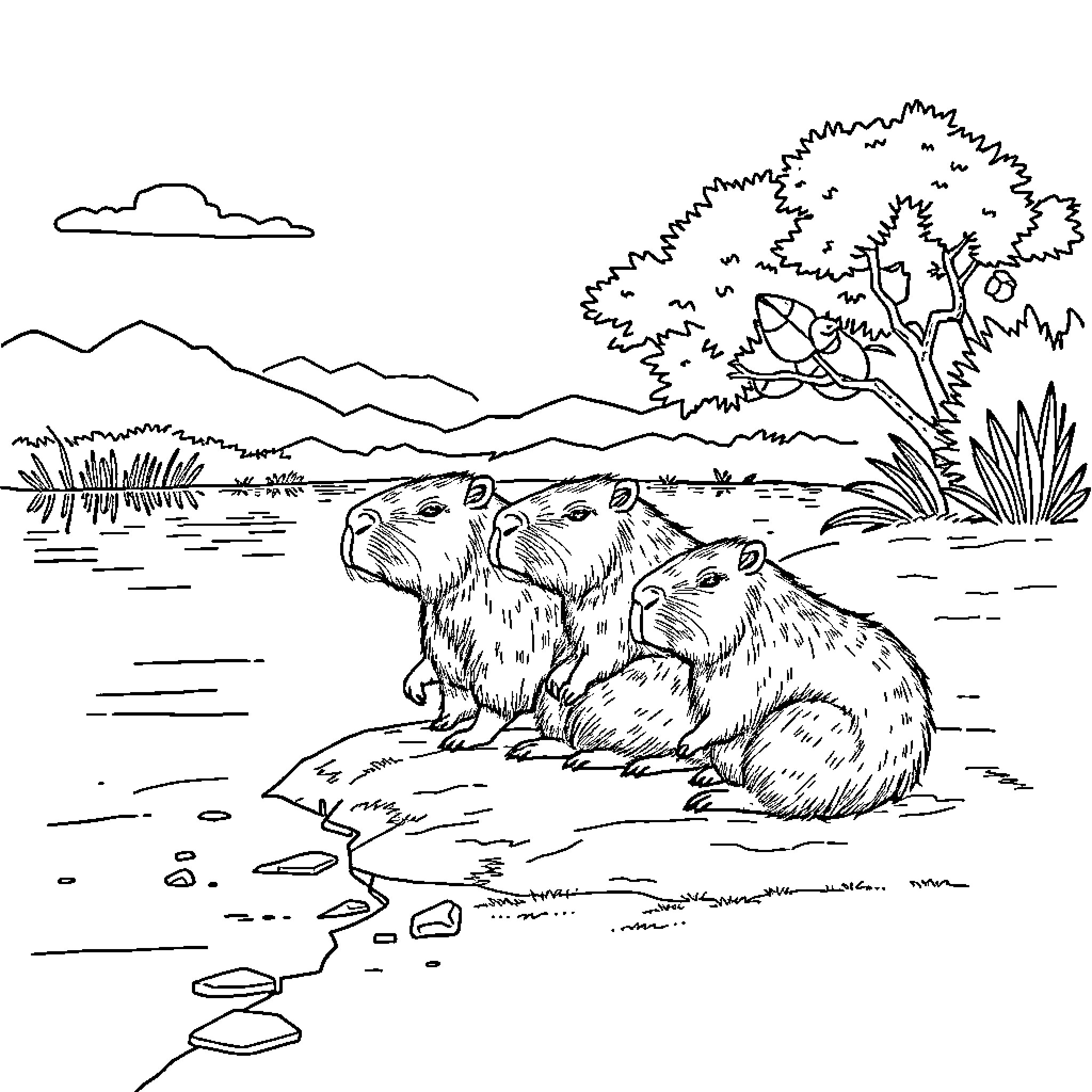 Capybara family relaxing by the lake Coloring Page (free black-and-white line drawing printable PDF for all, from beginners to advanced learners, including children, teens, adults, and seniors)