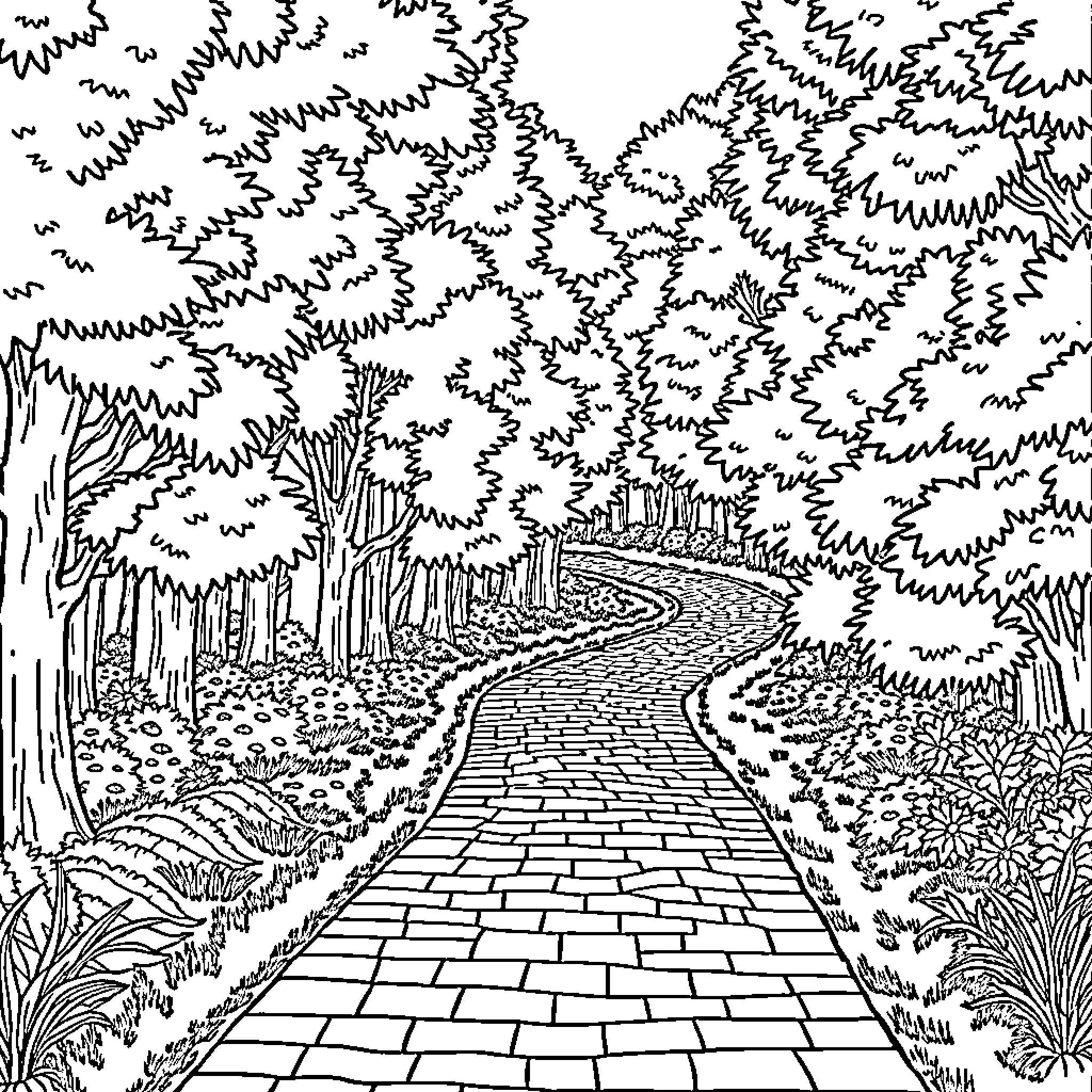 Brick Road Through Enchanted Forest Landscape Coloring Page (free black-and-white line drawing printable PDF for all, from beginners to advanced learners, including children, teens, adults, and seniors)