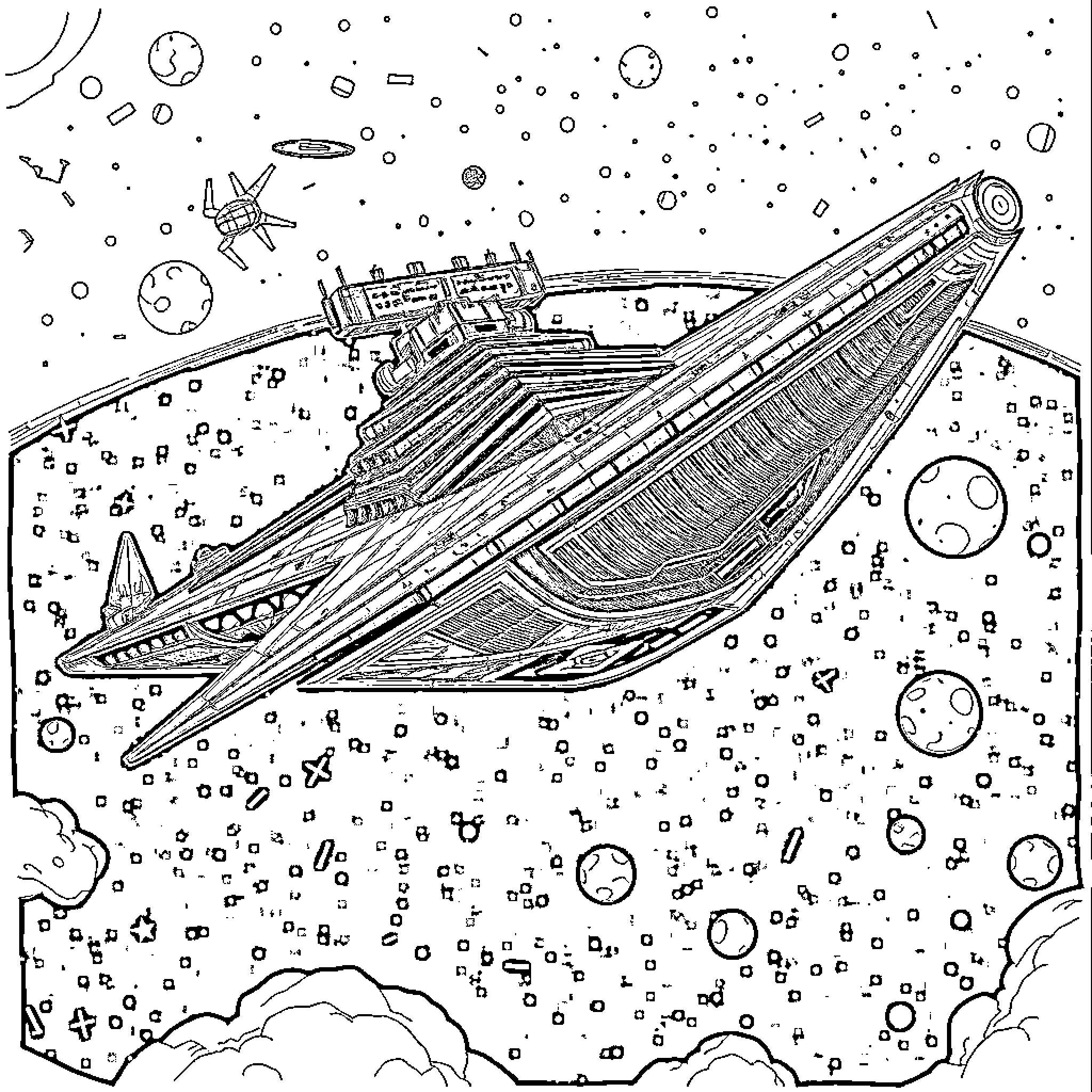 Executor in Intergalactic Spacecraft Voyage Coloring Page (free black-and-white line drawing printable PDF for all, from beginners to advanced learners, including children, teens, adults, and seniors)