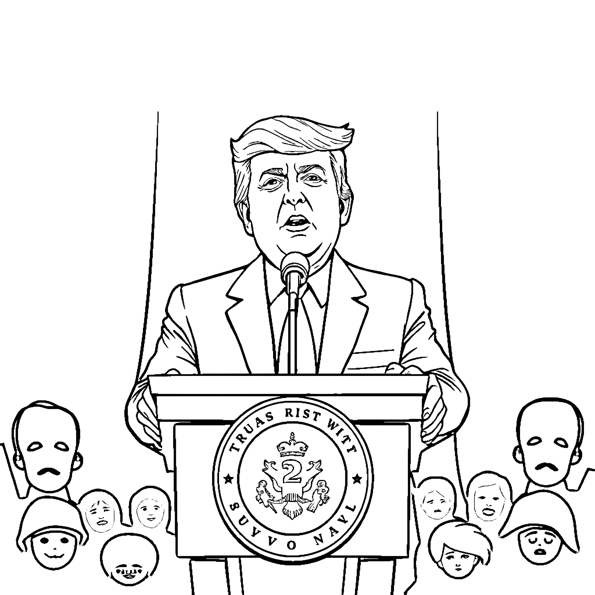 Trump Delivering a Speech to Crowd Coloring Page (free black-and-white line drawing printable PDF for all, from beginners to advanced learners, including children, teens, adults, and seniors)
