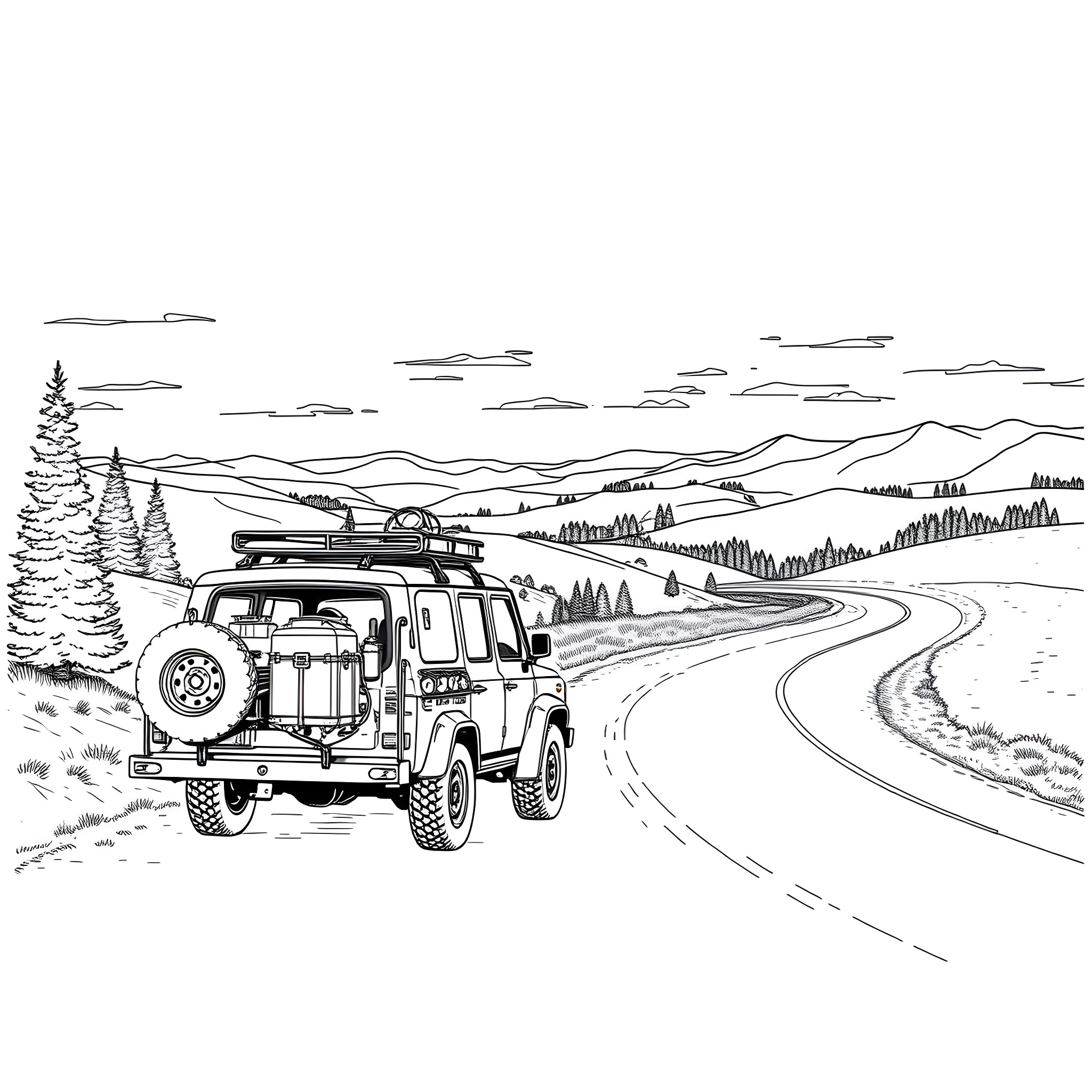 Car Trailer on the Road to Adventure Coloring Page (free black-and-white line drawing printable PDF for all, from beginners to advanced learners, including children, teens, adults, and seniors)