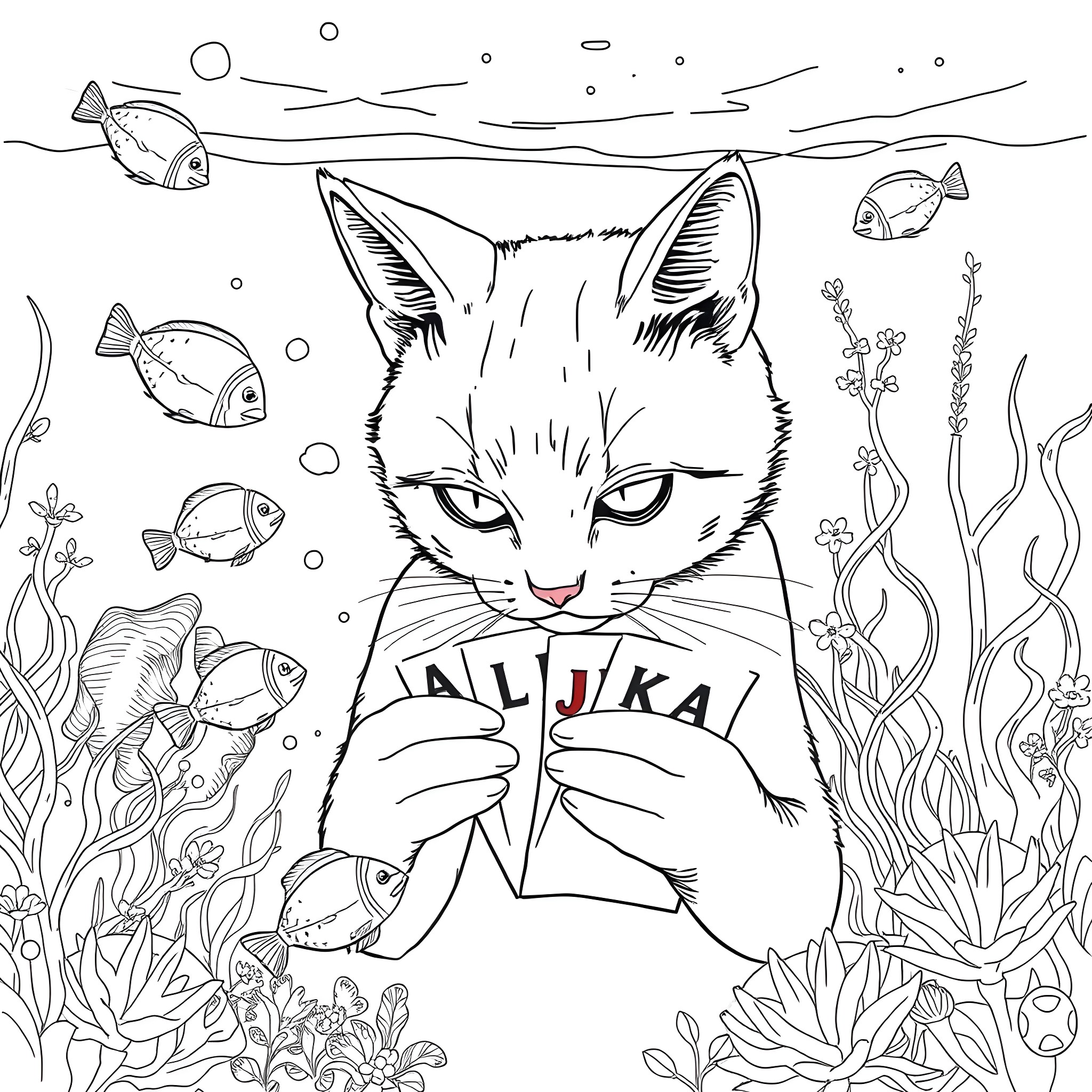 Cat reading book underwater with fish Coloring Page (free black-and-white line drawing printable PDF for all, from beginners to advanced learners, including children, teens, adults, and seniors)