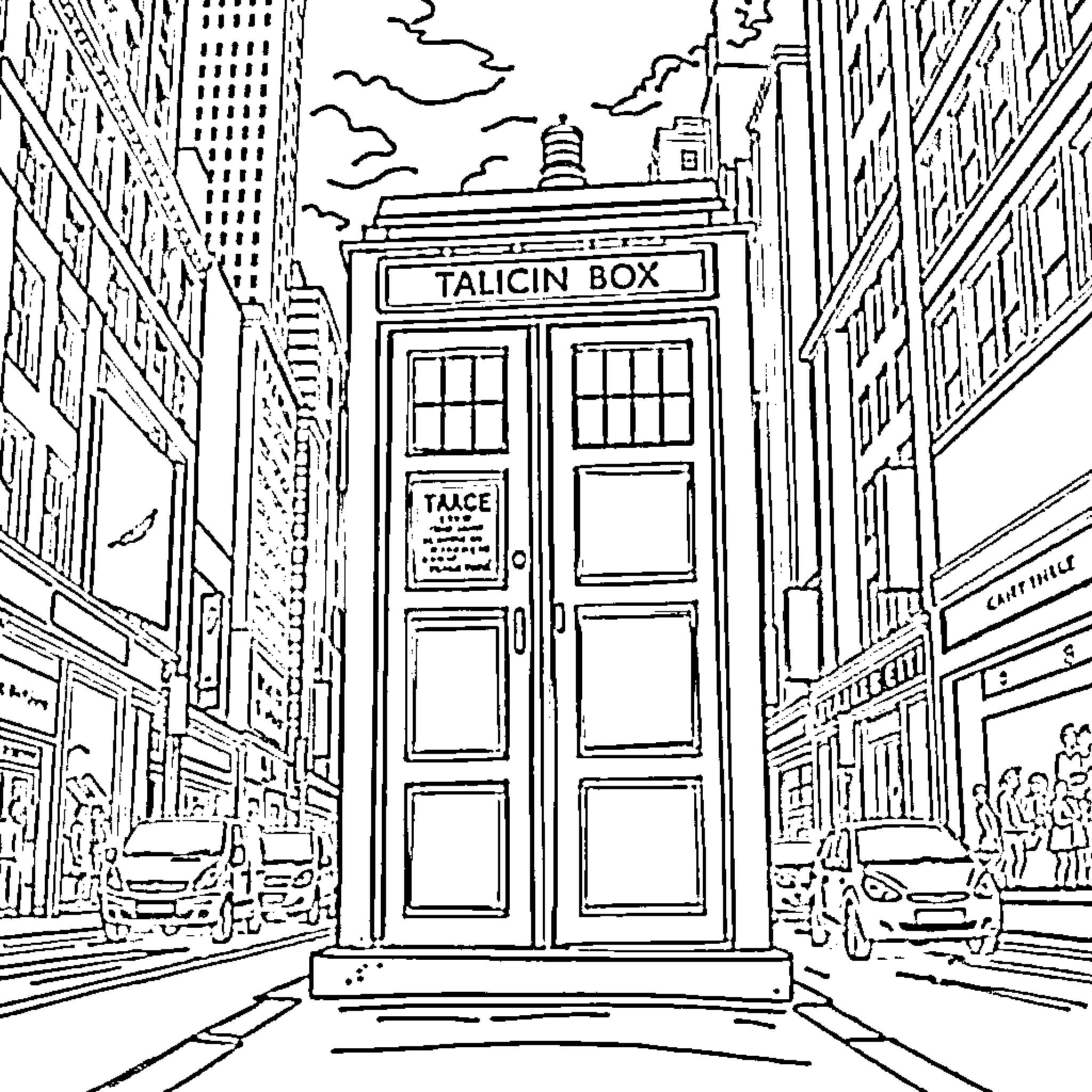 TARDIS on a busy urban street Coloring Page (free black-and-white line drawing printable PDF for all, from beginners to advanced learners, including children, teens, adults, and seniors)