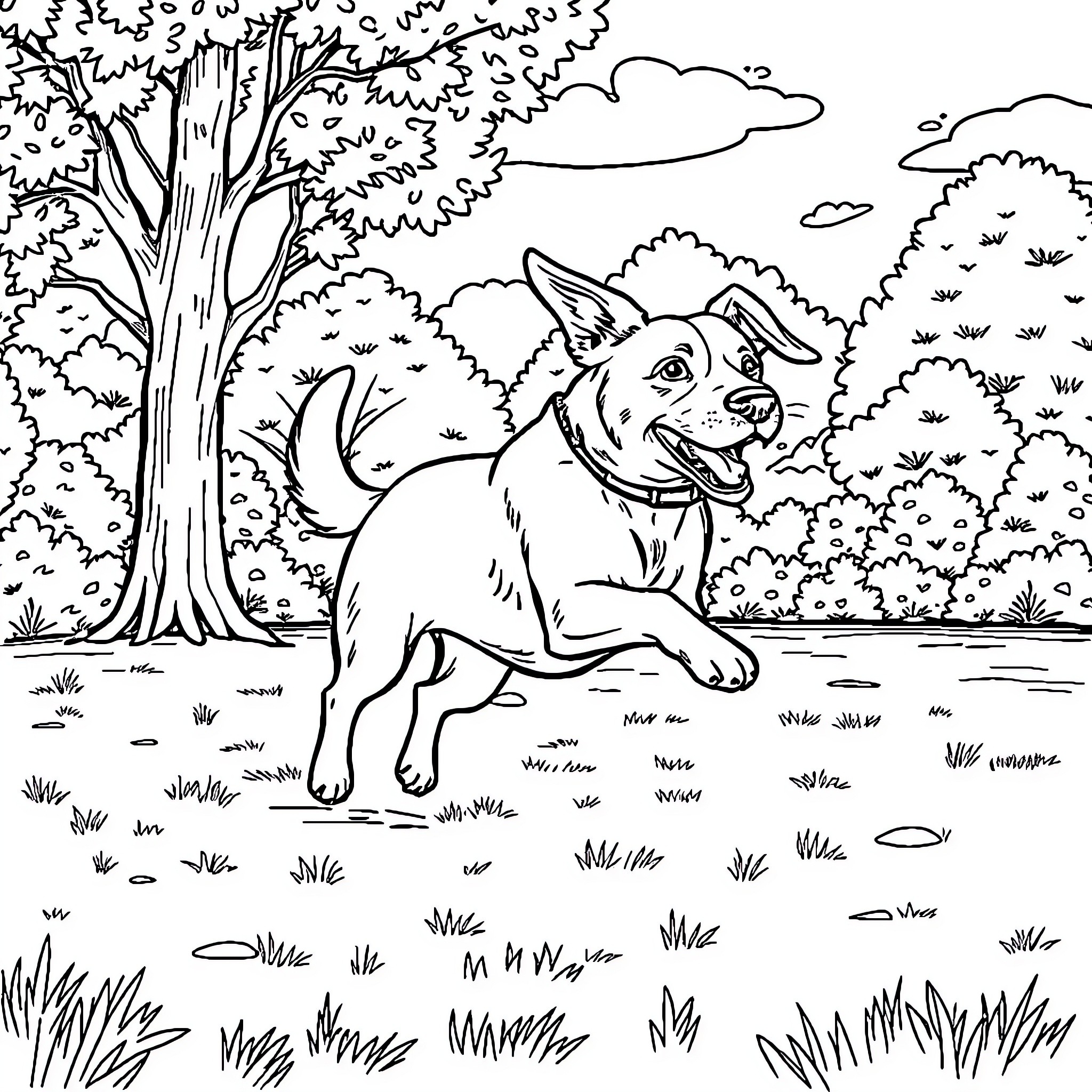 Dog playing joyfully in a tranquil forest scene Coloring Page (free black-and-white line drawing printable PDF for all, from beginners to advanced learners, including children, teens, adults, and seniors)