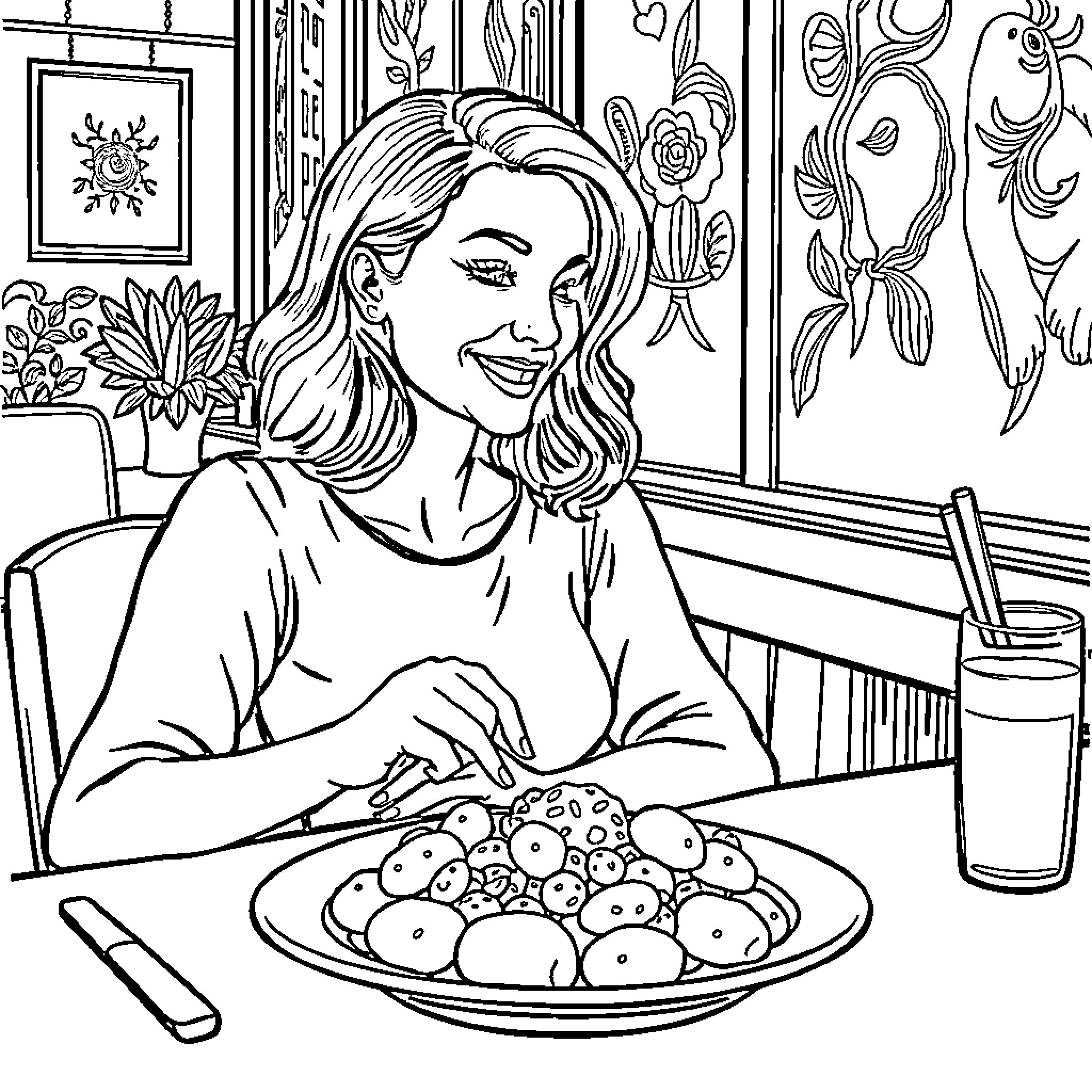 Woman enjoying a meal in a cozy café Coloring Page (free black-and-white line drawing printable PDF for all, from beginners to advanced learners, including children, teens, adults, and seniors)
