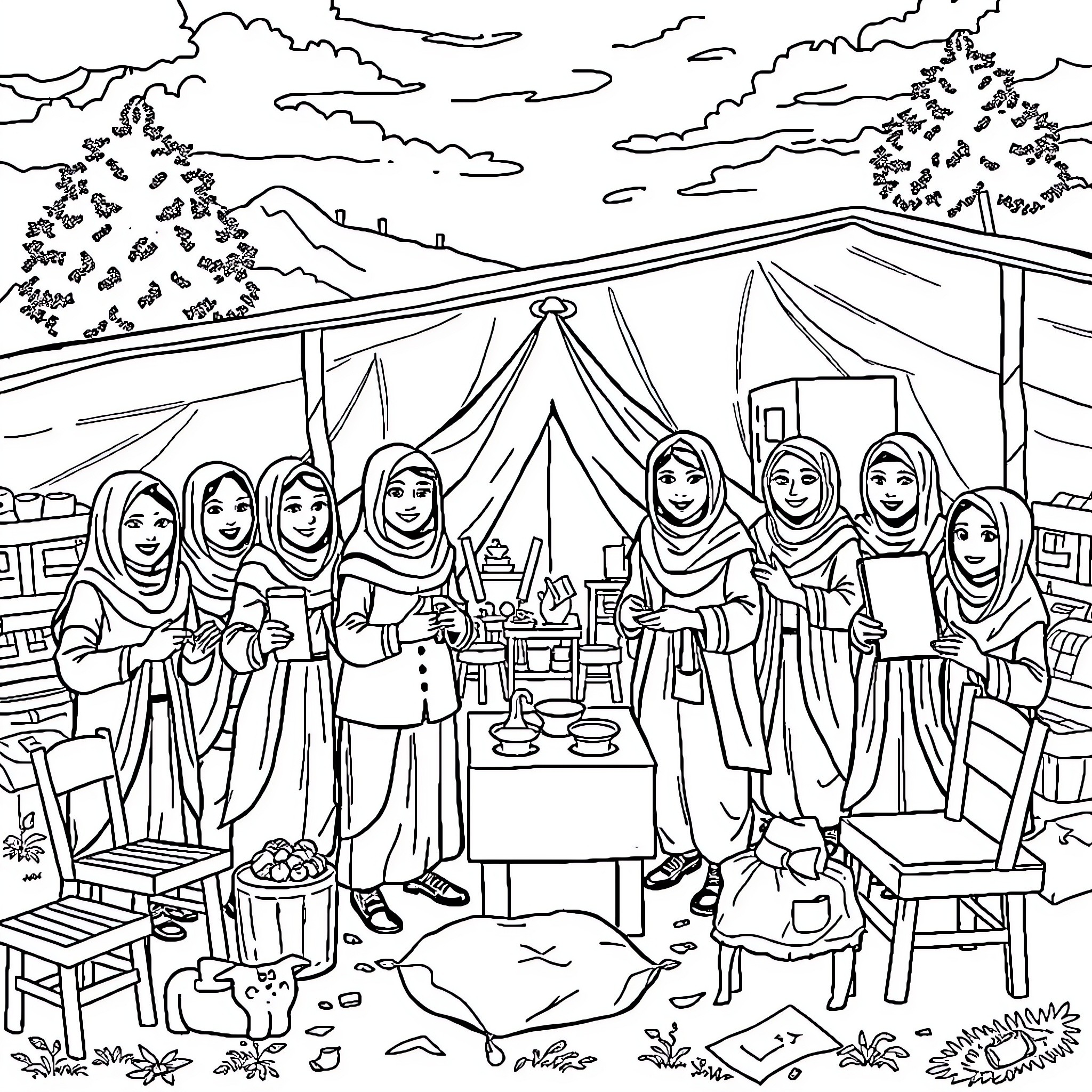 Girl Guide camping in the great outdoors Coloring Page (free black-and-white line drawing printable PDF for all, from beginners to advanced learners, including children, teens, adults, and seniors)