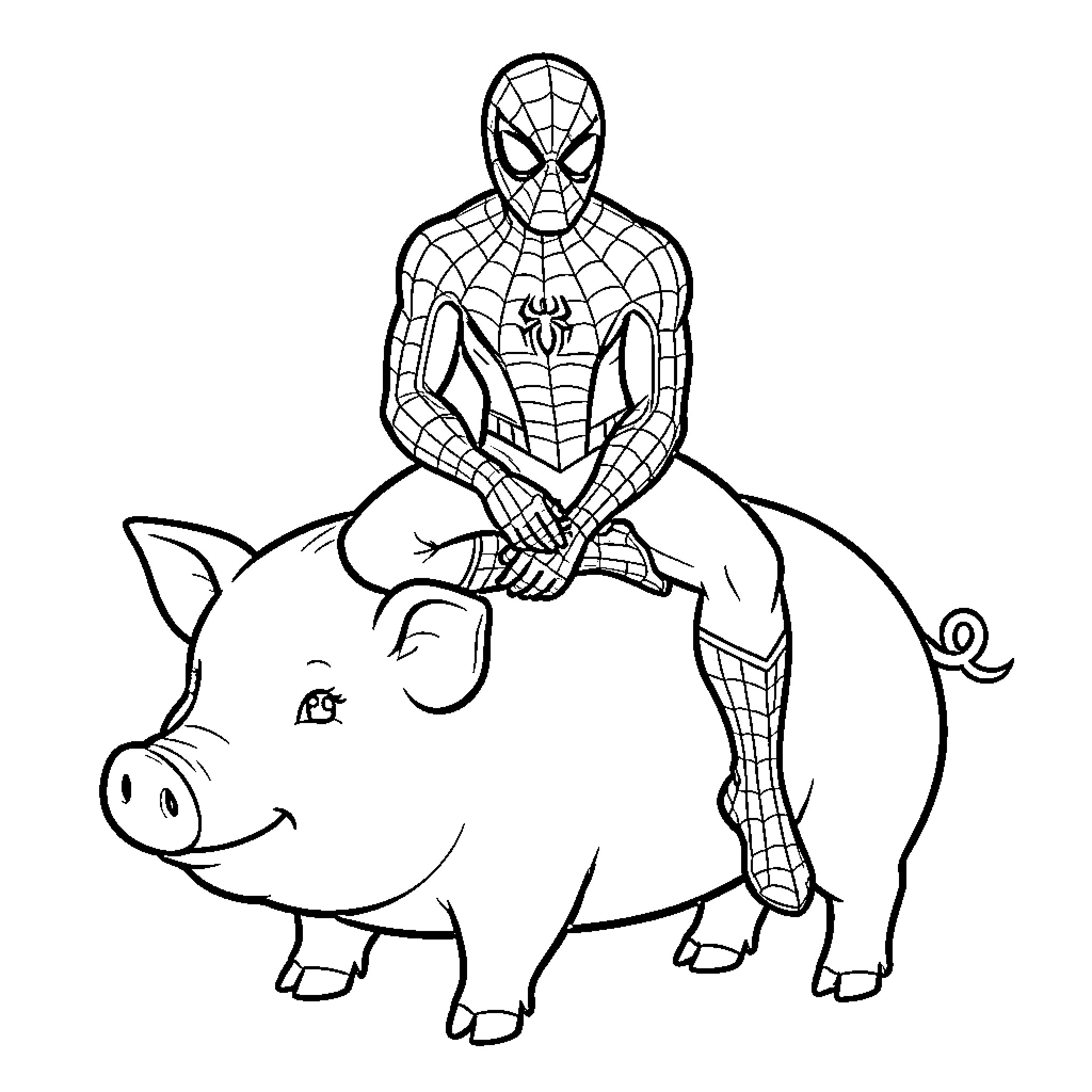 Spiderman sitting calmly on top of a pig Coloring Page (free black-and-white line drawing printable PDF for all, from beginners to advanced learners, including children, teens, adults, and seniors)