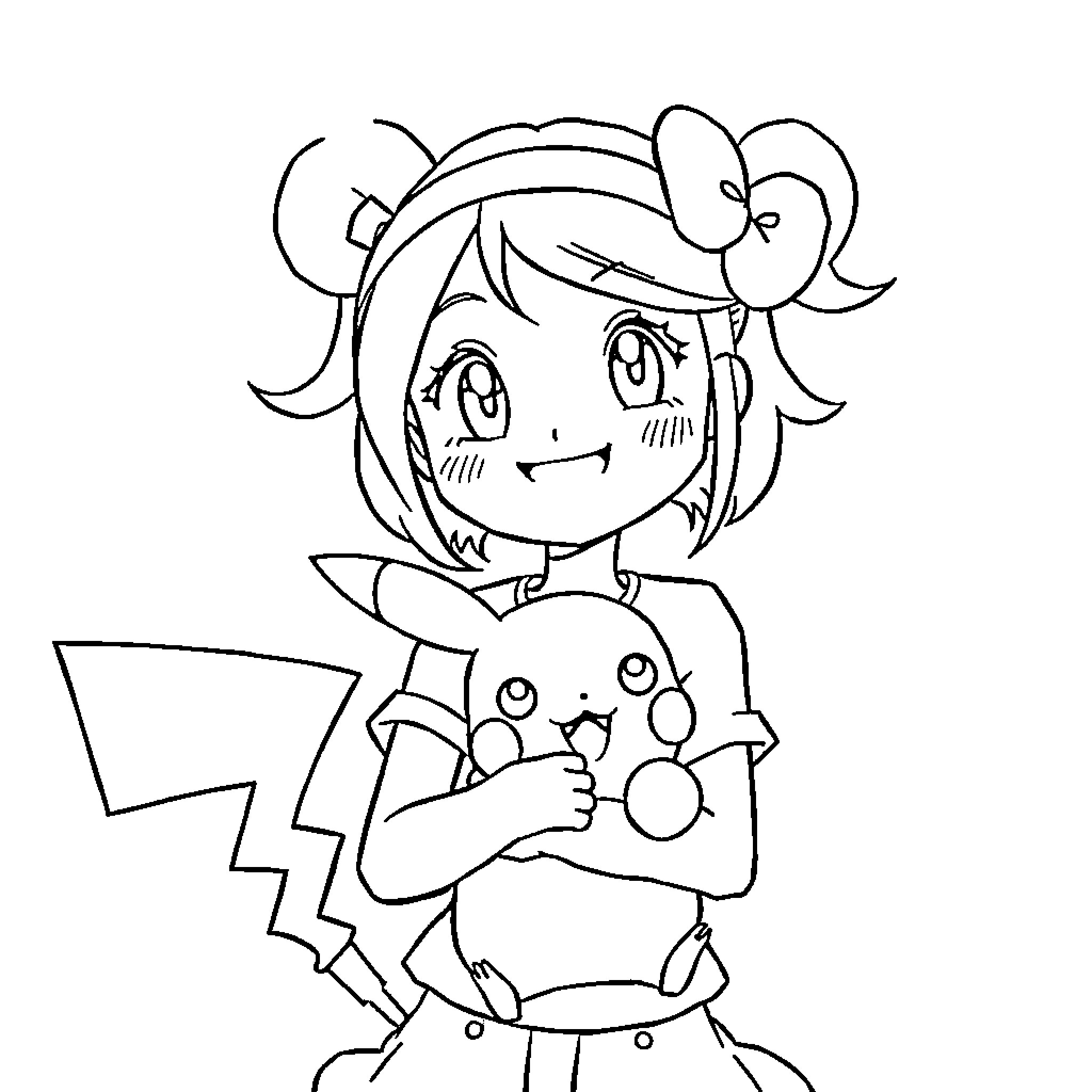Gabby playing happily with a cute Pokemon Coloring Page (free black-and-white line drawing printable PDF for all, from beginners to advanced learners, including children, teens, adults, and seniors)