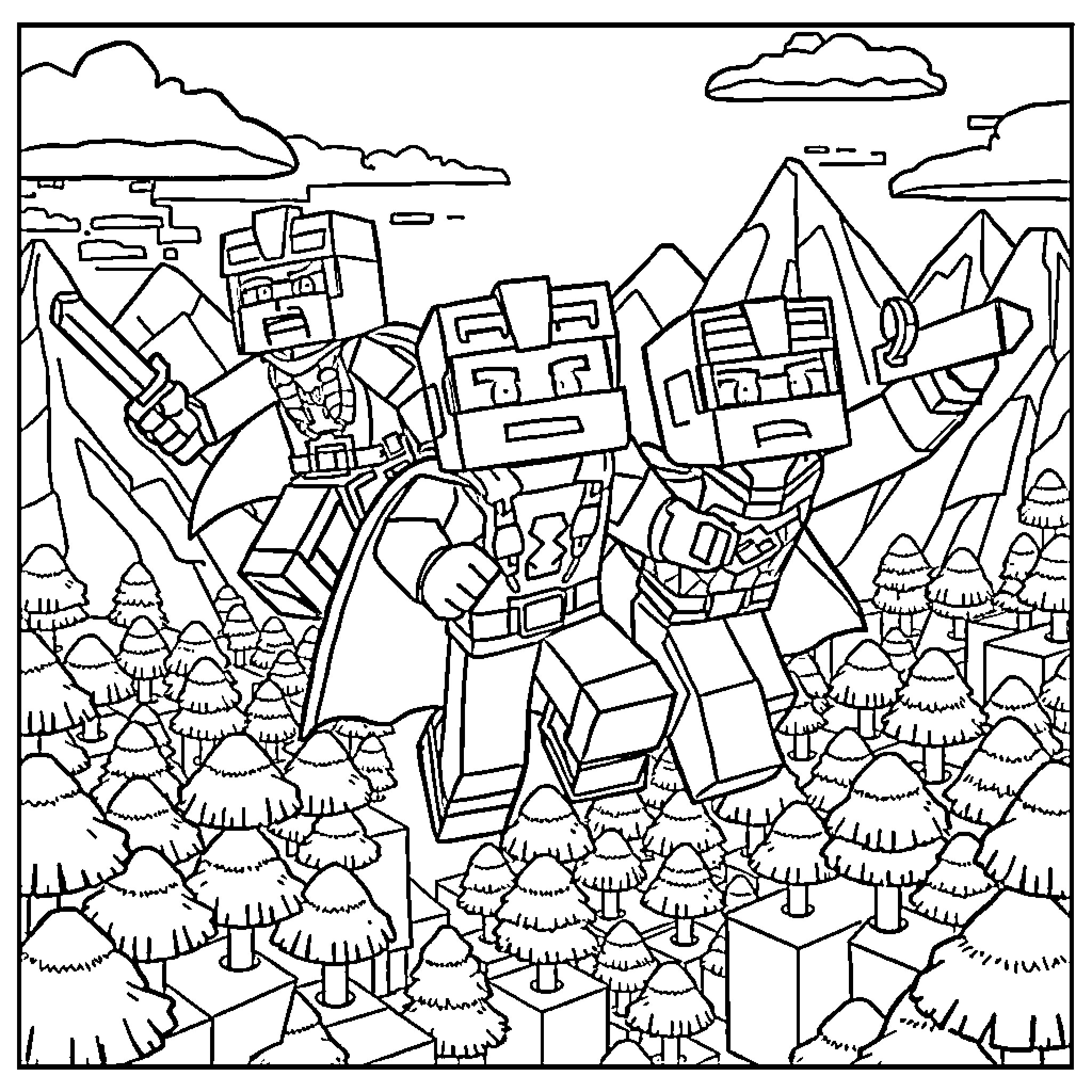 Minecraft Superheroes in Heroic Poses Coloring Page (free black-and-white line drawing printable PDF for all, from beginners to advanced learners, including children, teens, adults, and seniors)