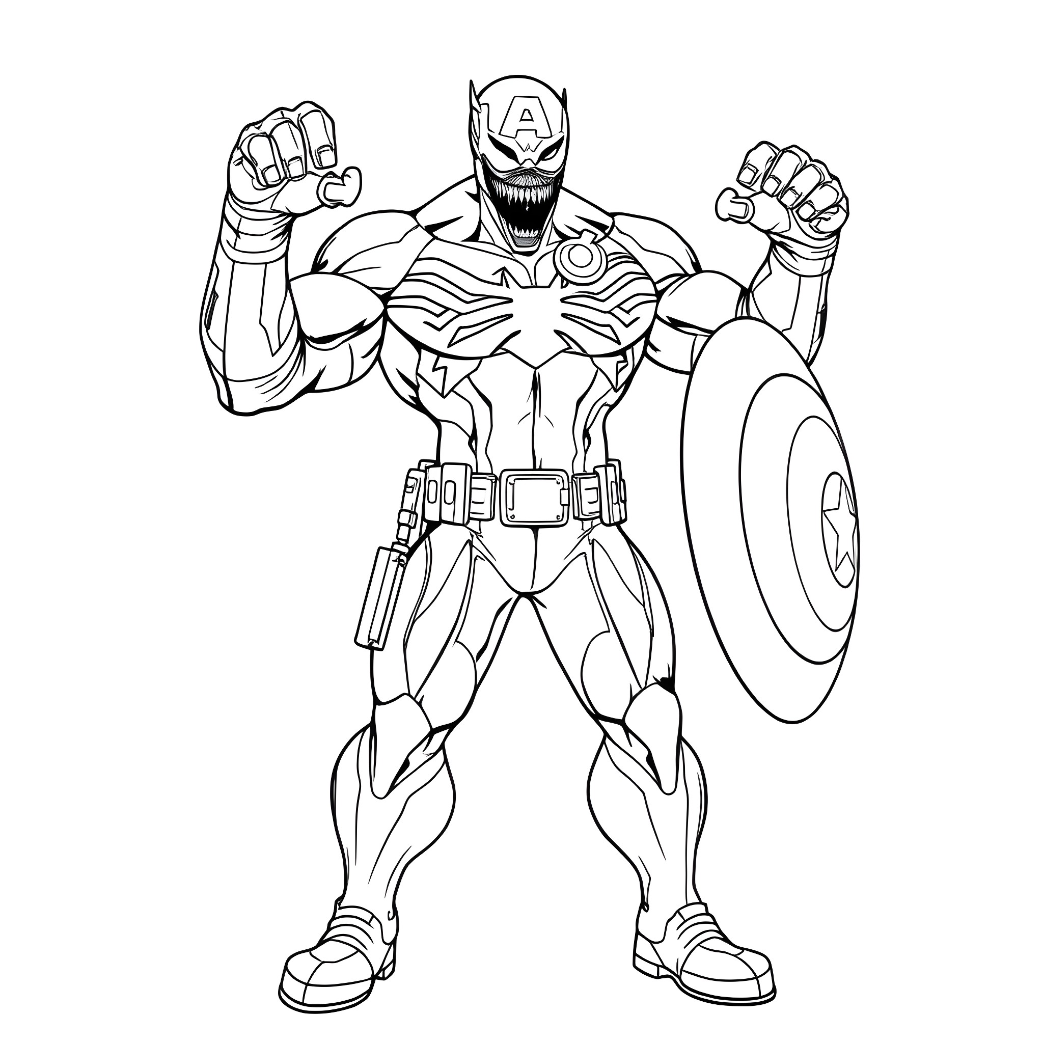 Captain Venom in action-packed heroic pose Coloring Page (free black-and-white line drawing printable PDF for all, from beginners to advanced learners, including children, teens, adults, and seniors)