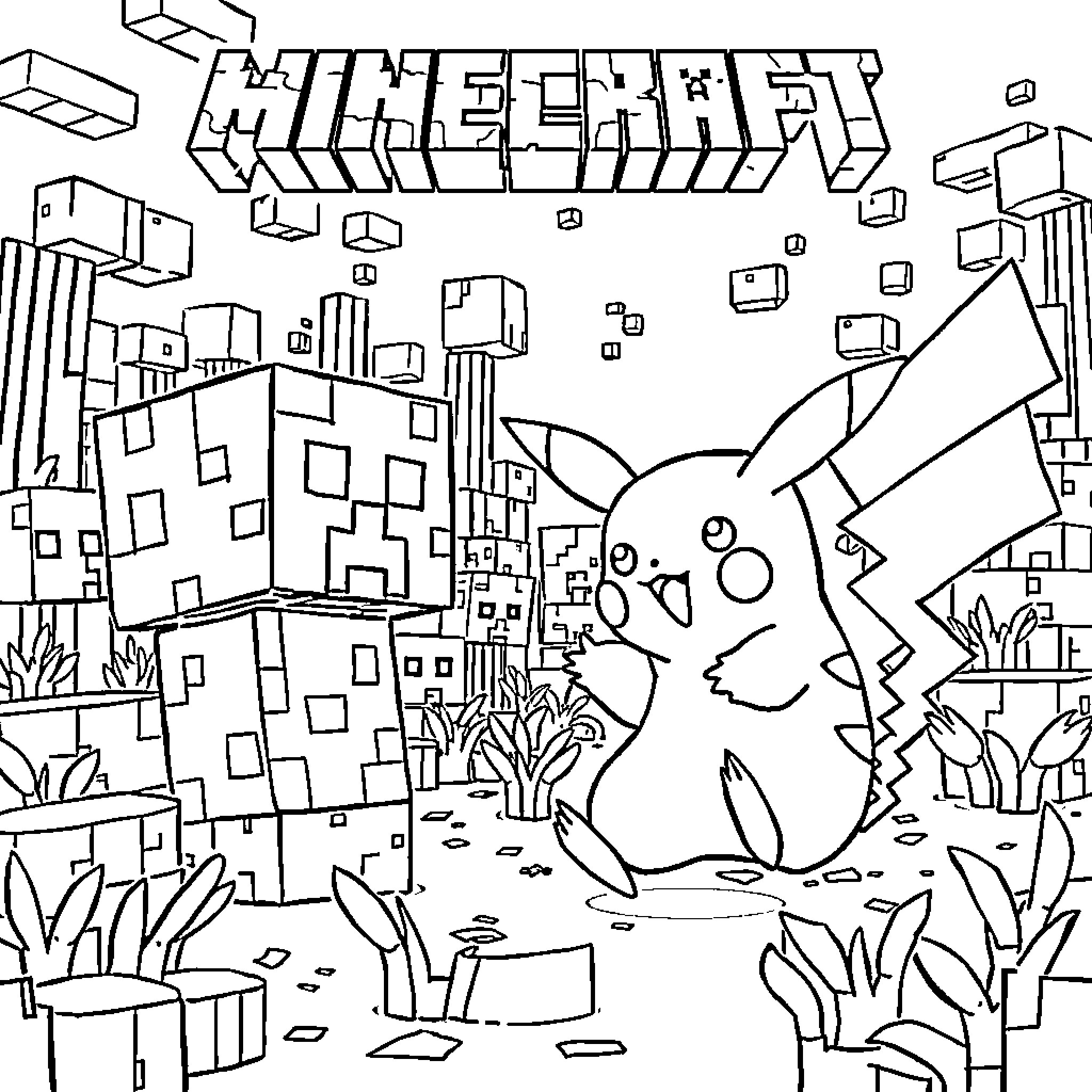 Creeper exploring a Minecraft-inspired landscape Coloring Page (free black-and-white line drawing printable PDF for all, from beginners to advanced learners, including children, teens, adults, and seniors)