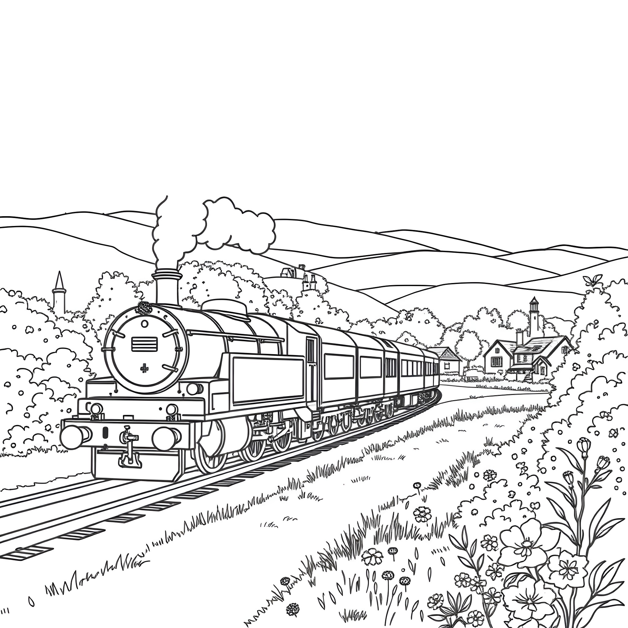 Train Traveling Through Countryside Landscape Coloring Page (free black-and-white line drawing printable PDF for all, from beginners to advanced learners, including children, teens, adults, and seniors)