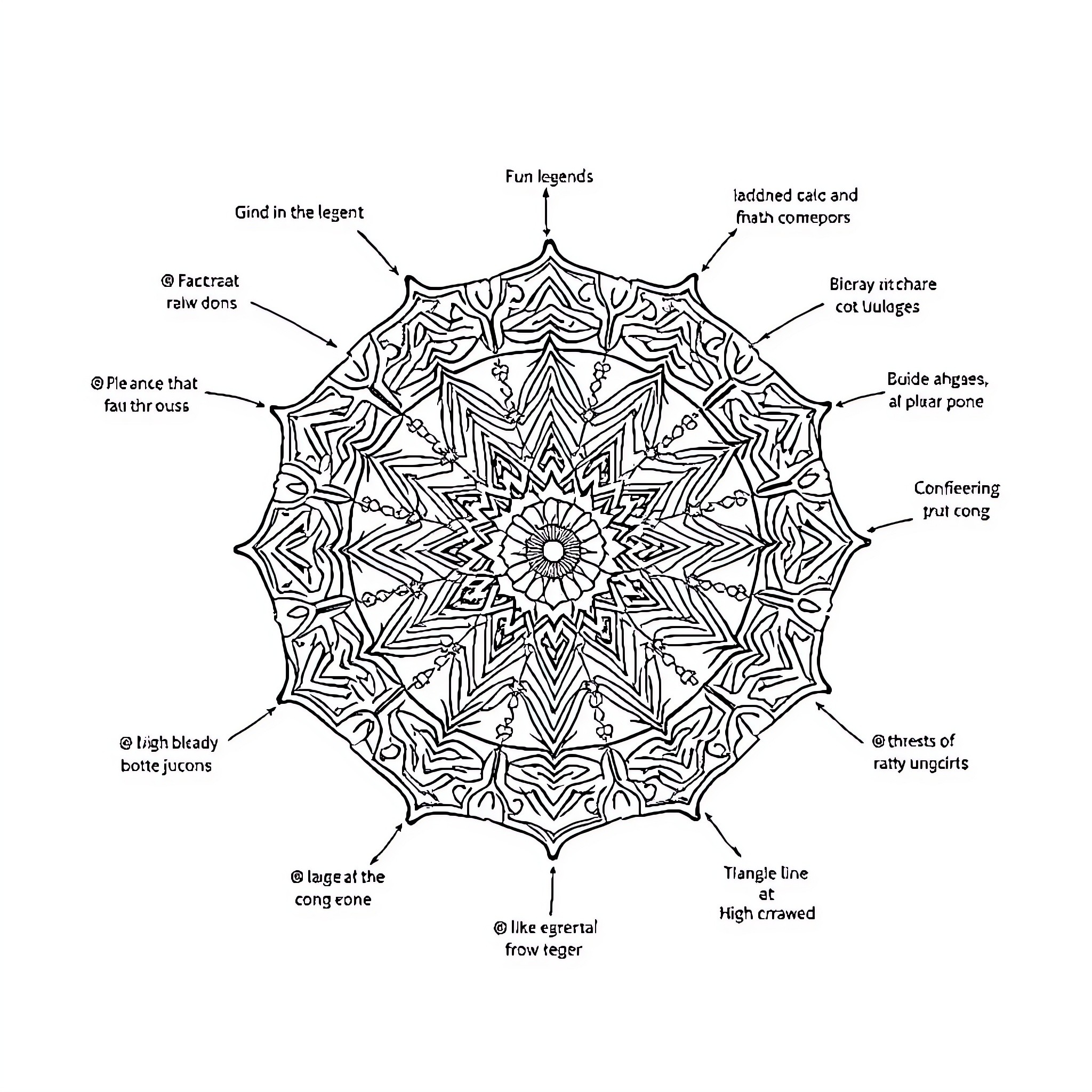 Mandala of intricate geometric patterns and symbols Coloring Page (free black-and-white line drawing printable PDF for all, from beginners to advanced learners, including children, teens, adults, and seniors)