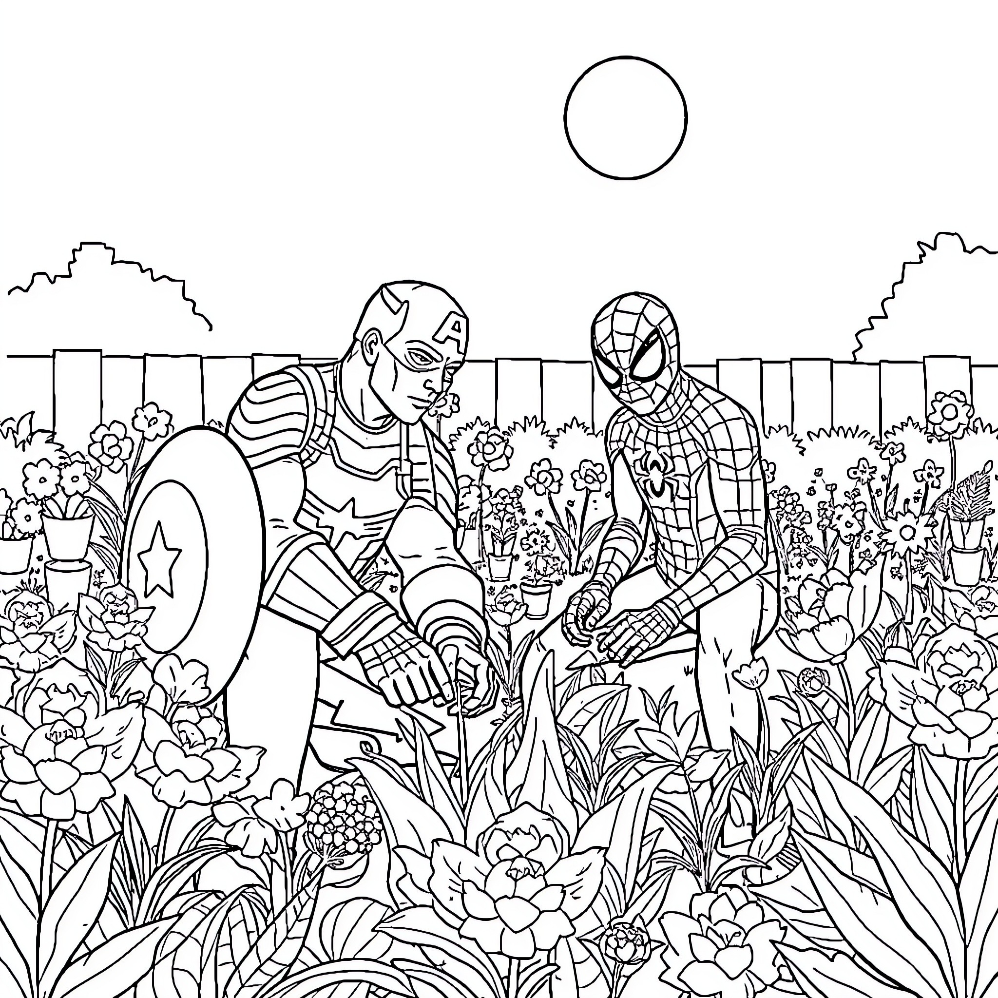 Captain America and Spider-Man Assisting in the Garden Coloring Page (free black-and-white line drawing printable PDF for all, from beginners to advanced learners, including children, teens, adults, and seniors)