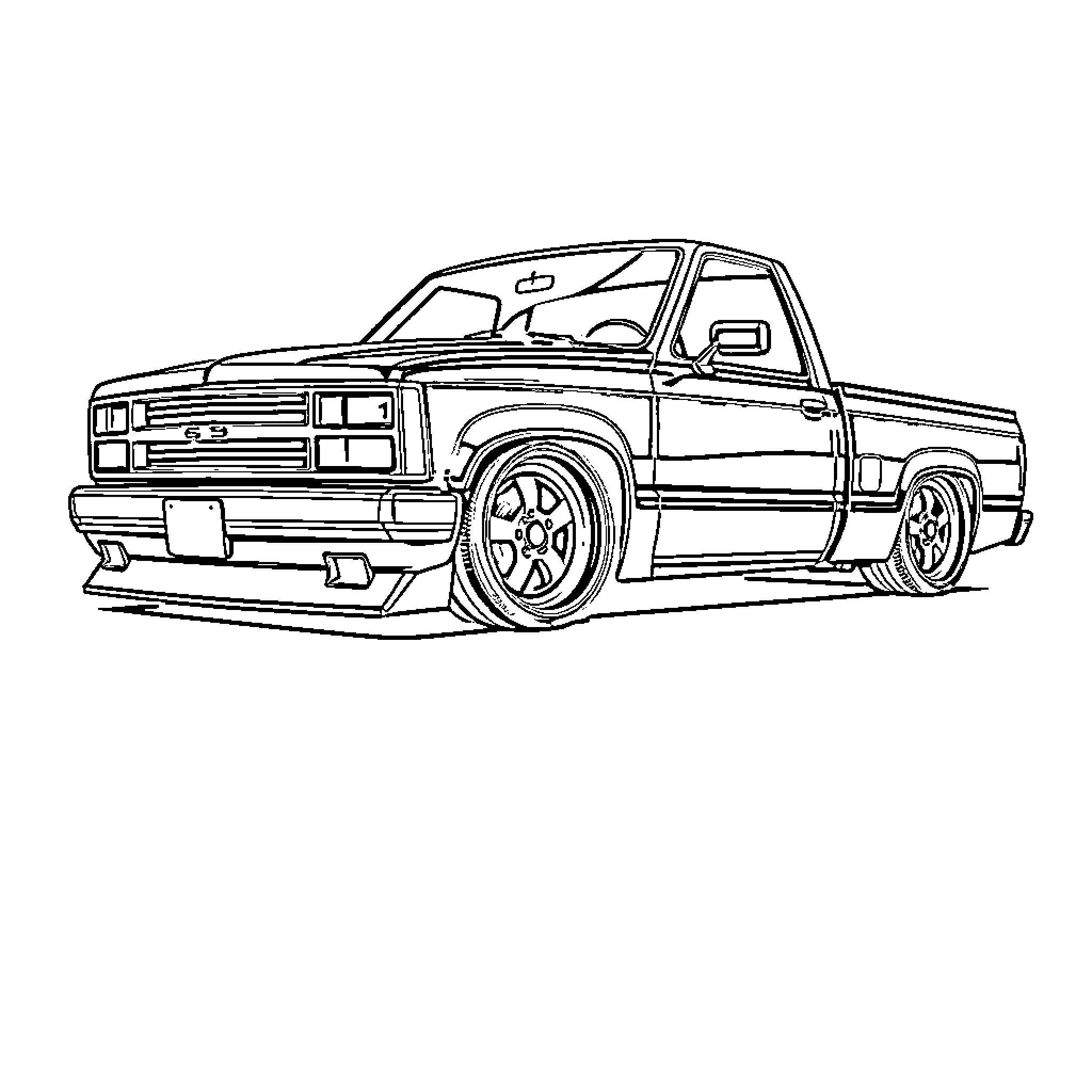 S10 Pickup truck with stylish modifications Coloring Page (free black-and-white line drawing printable PDF for all, from beginners to advanced learners, including children, teens, adults, and seniors)