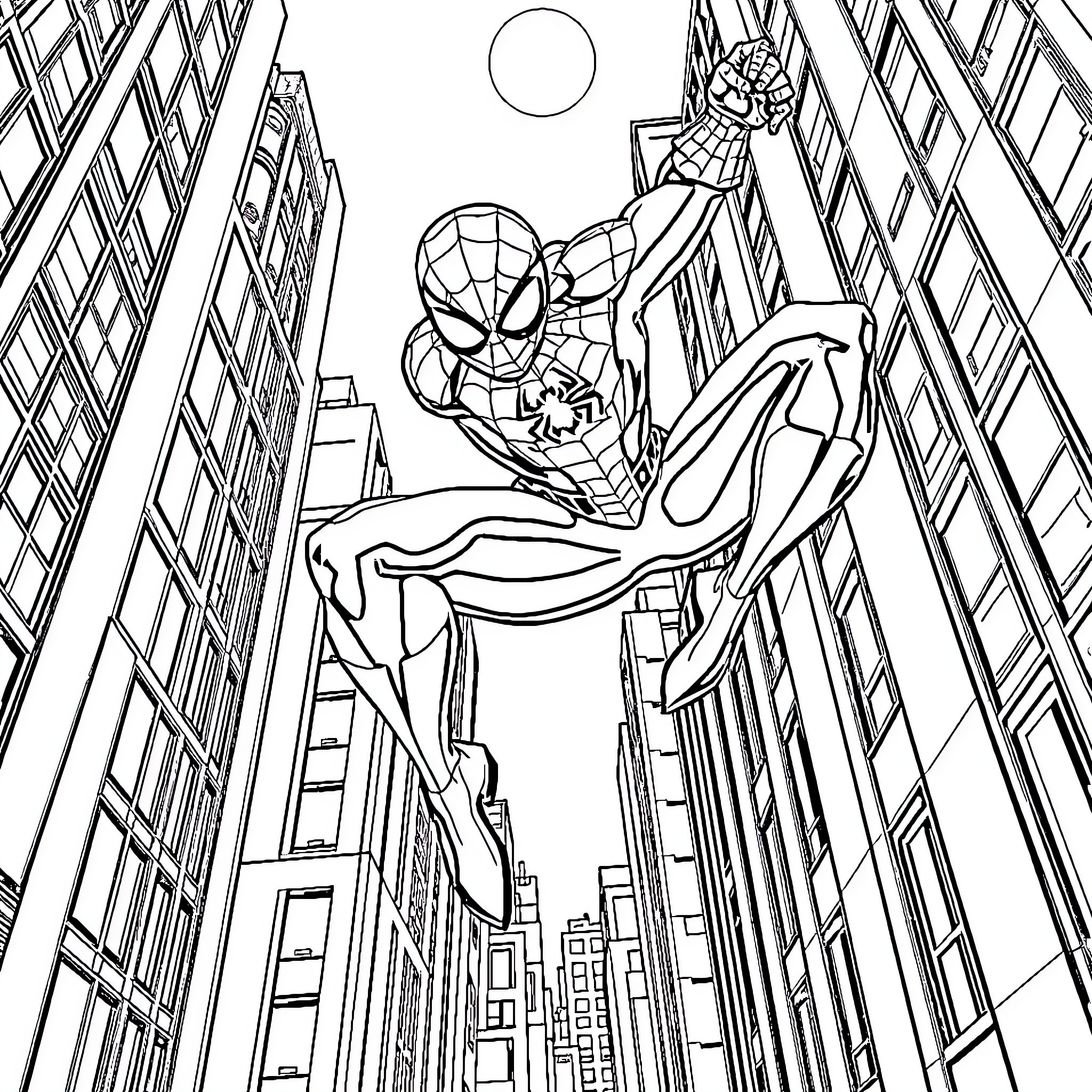 Spider-Man swinging through the city skyline Coloring Page (free black-and-white line drawing printable PDF for all, from beginners to advanced learners, including children, teens, adults, and seniors)