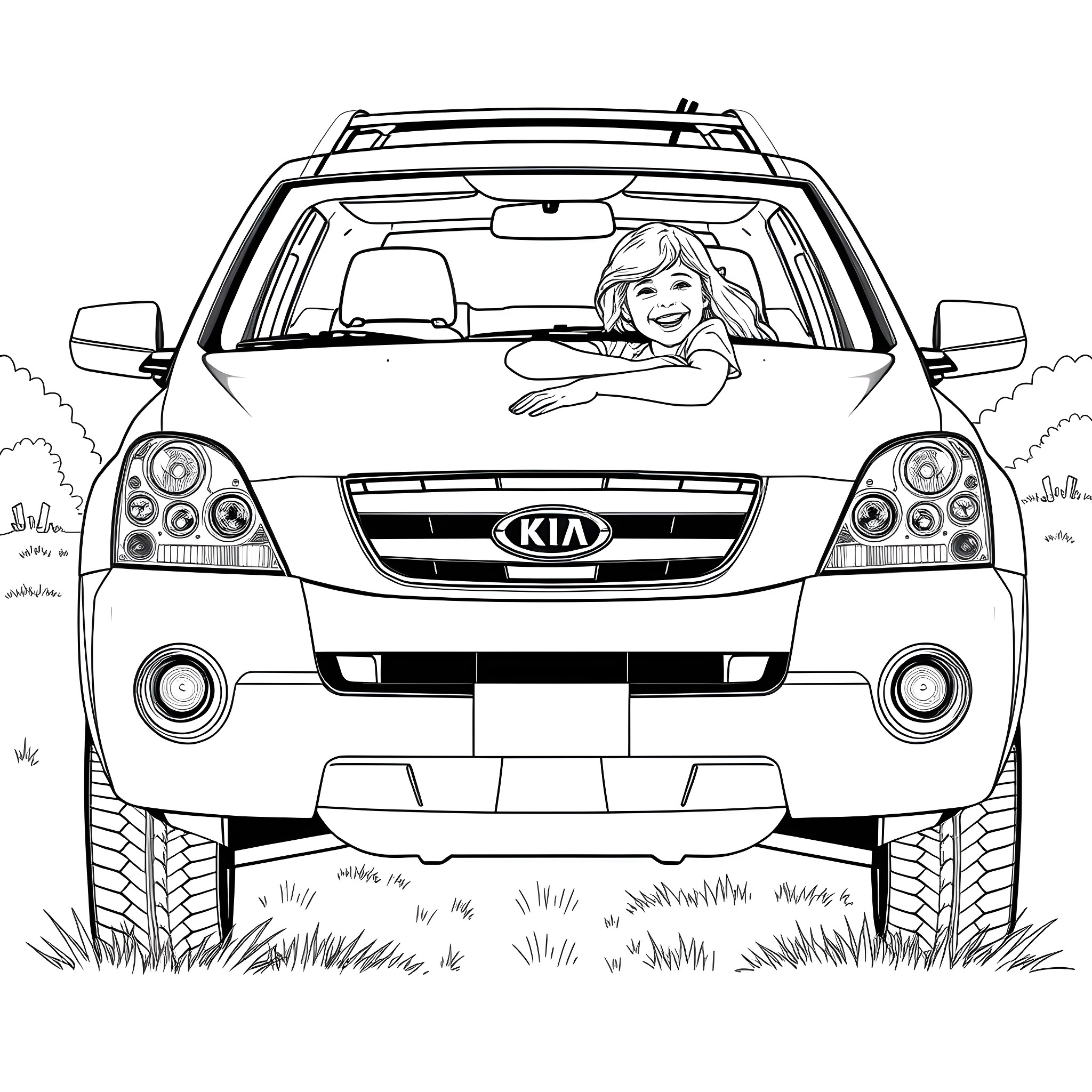 Kia Sorento driven by a smiling person Coloring Page (free black-and-white line drawing printable PDF for all, from beginners to advanced learners, including children, teens, adults, and seniors)