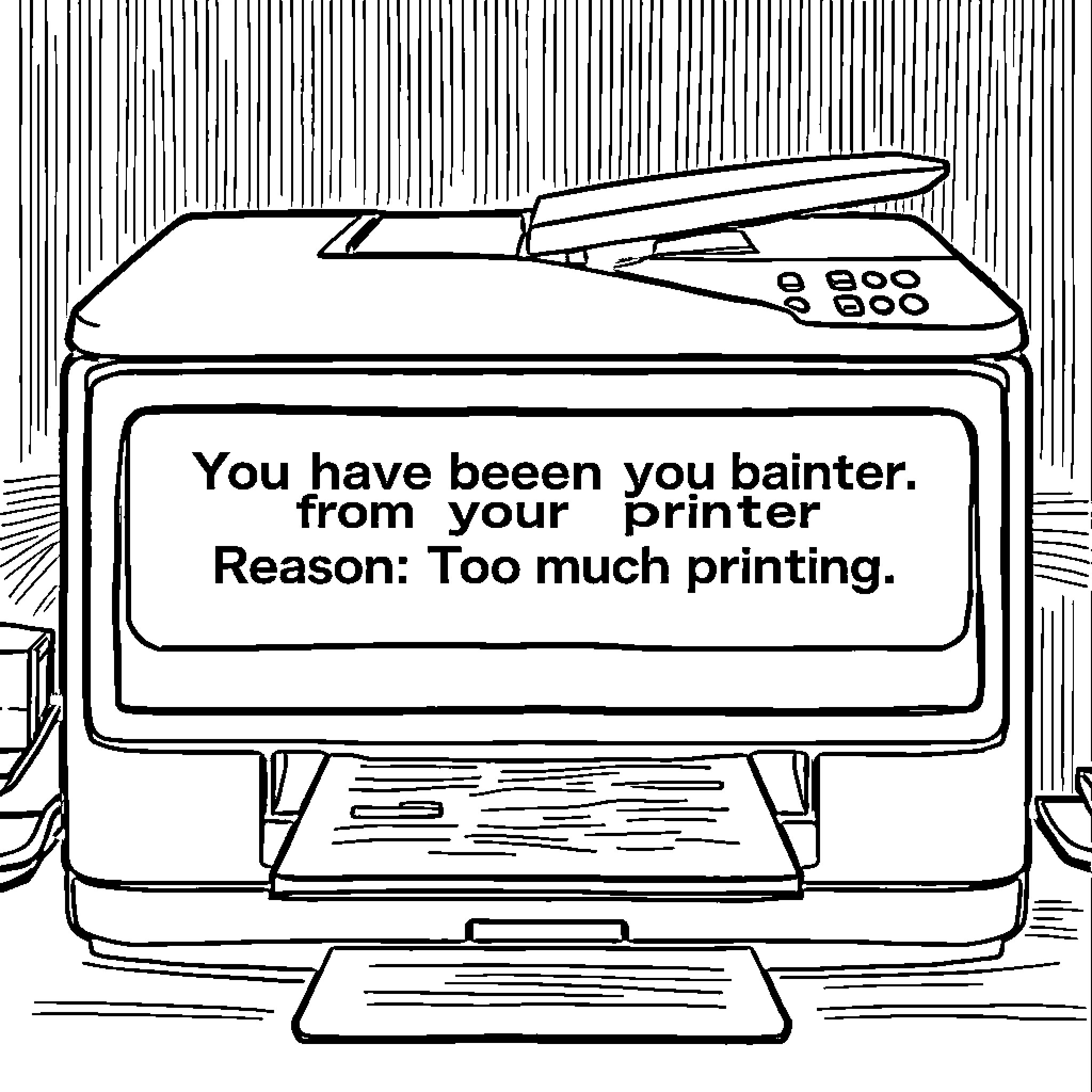 Printer scolding user for excessive printing Coloring Page (free black-and-white line drawing printable PDF for all, from beginners to advanced learners, including children, teens, adults, and seniors)