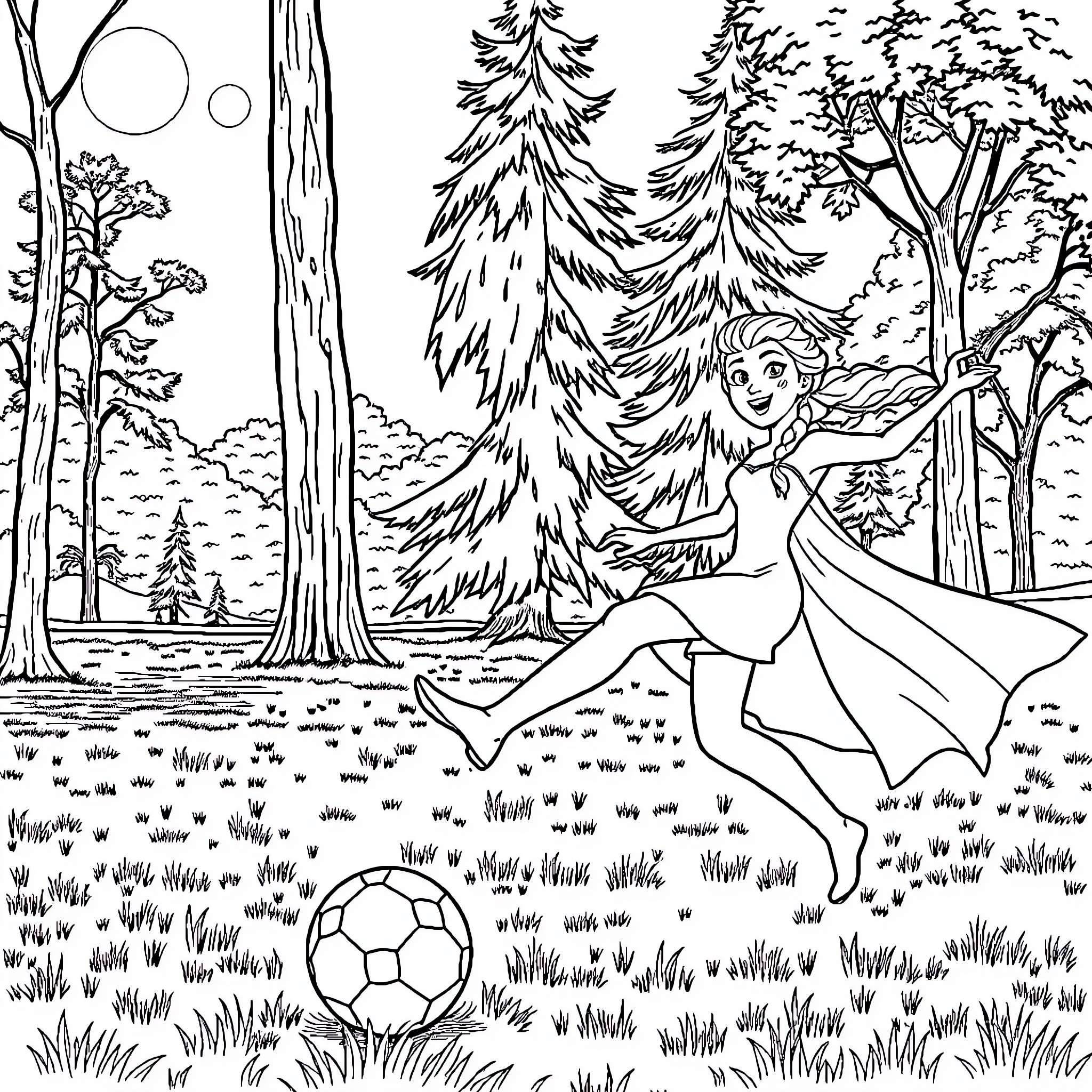 Elsa enjoying a peaceful day in the forest Coloring Page (free black-and-white line drawing printable PDF for all, from beginners to advanced learners, including children, teens, adults, and seniors)