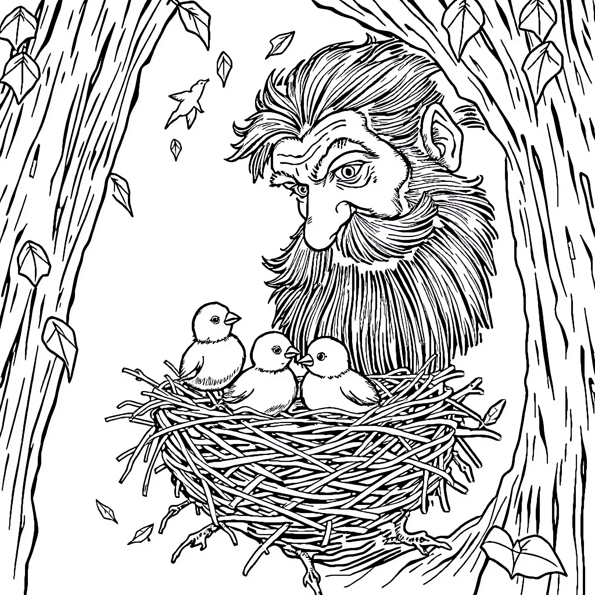Man with a Bushy Beard Watching over Baby Birds in a Nest Coloring Page (free black-and-white line drawing printable PDF for all, from beginners to advanced learners, including children, teens, adults, and seniors)