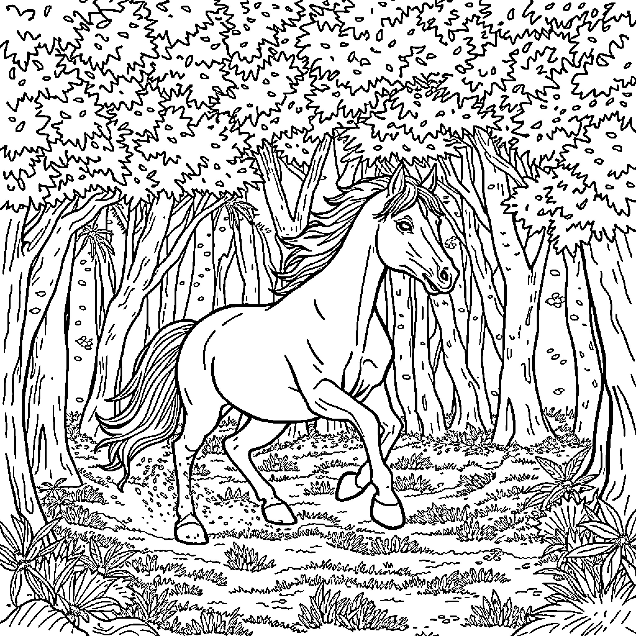 Horse in the Enchanted Forest Coloring Page (free black-and-white line drawing printable PDF for all, from beginners to advanced learners, including children, teens, adults, and seniors)