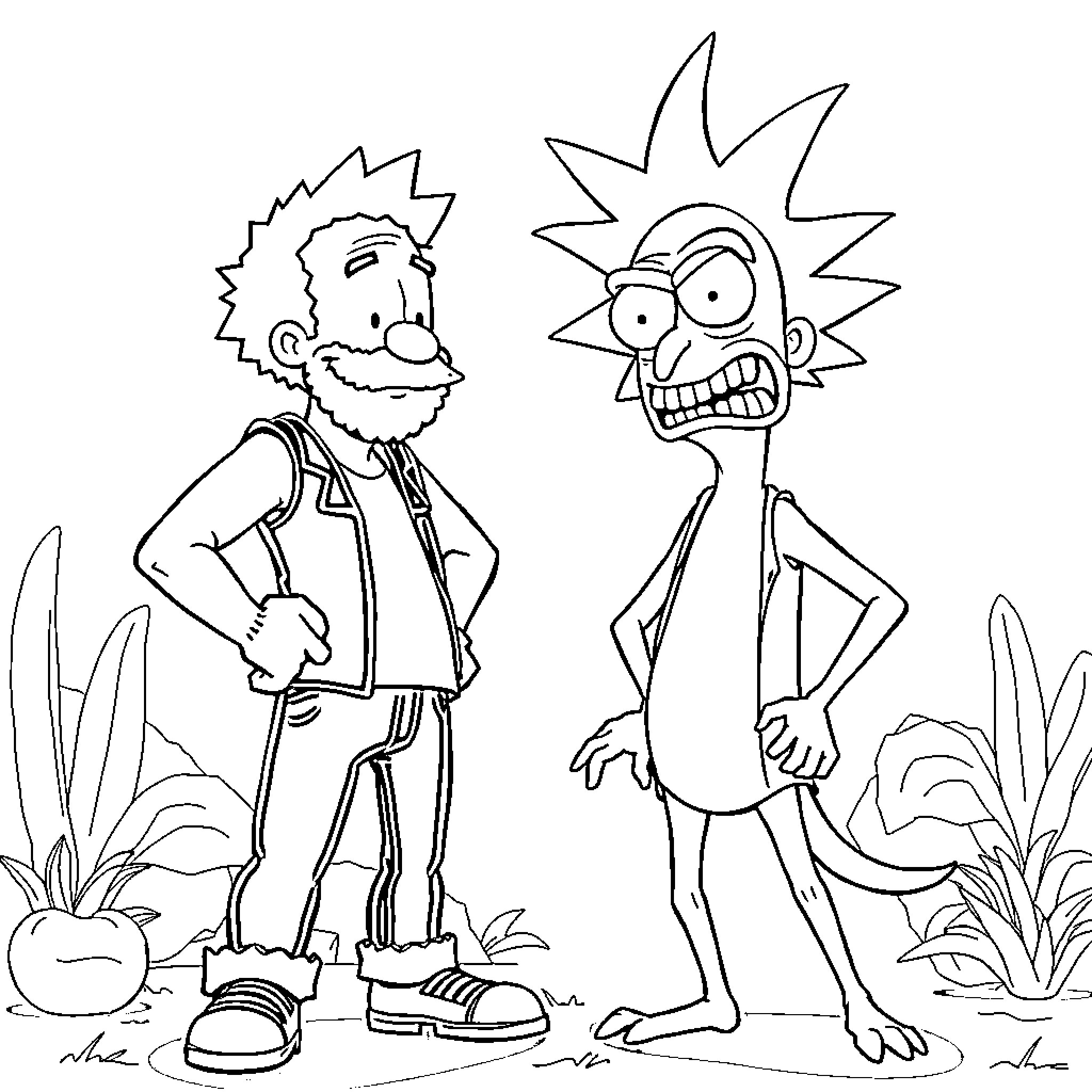 Pauly Shore in eccentric conversation with wacky character Coloring Page (free black-and-white line drawing printable PDF for all, from beginners to advanced learners, including children, teens, adults, and seniors)