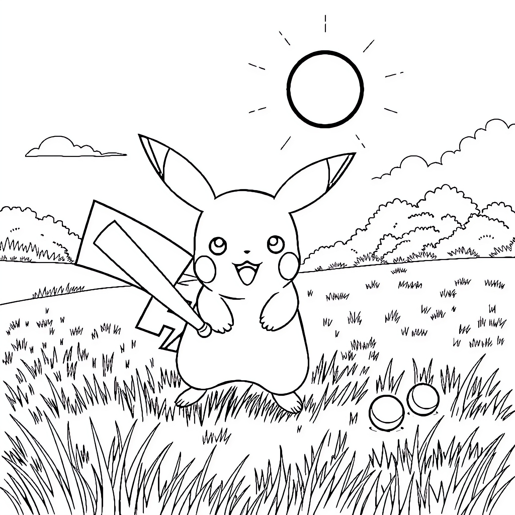 Pikachu joyfully playing in a scenic outdoor setting Coloring Page (free black-and-white line drawing printable PDF for all, from beginners to advanced learners, including children, teens, adults, and seniors)