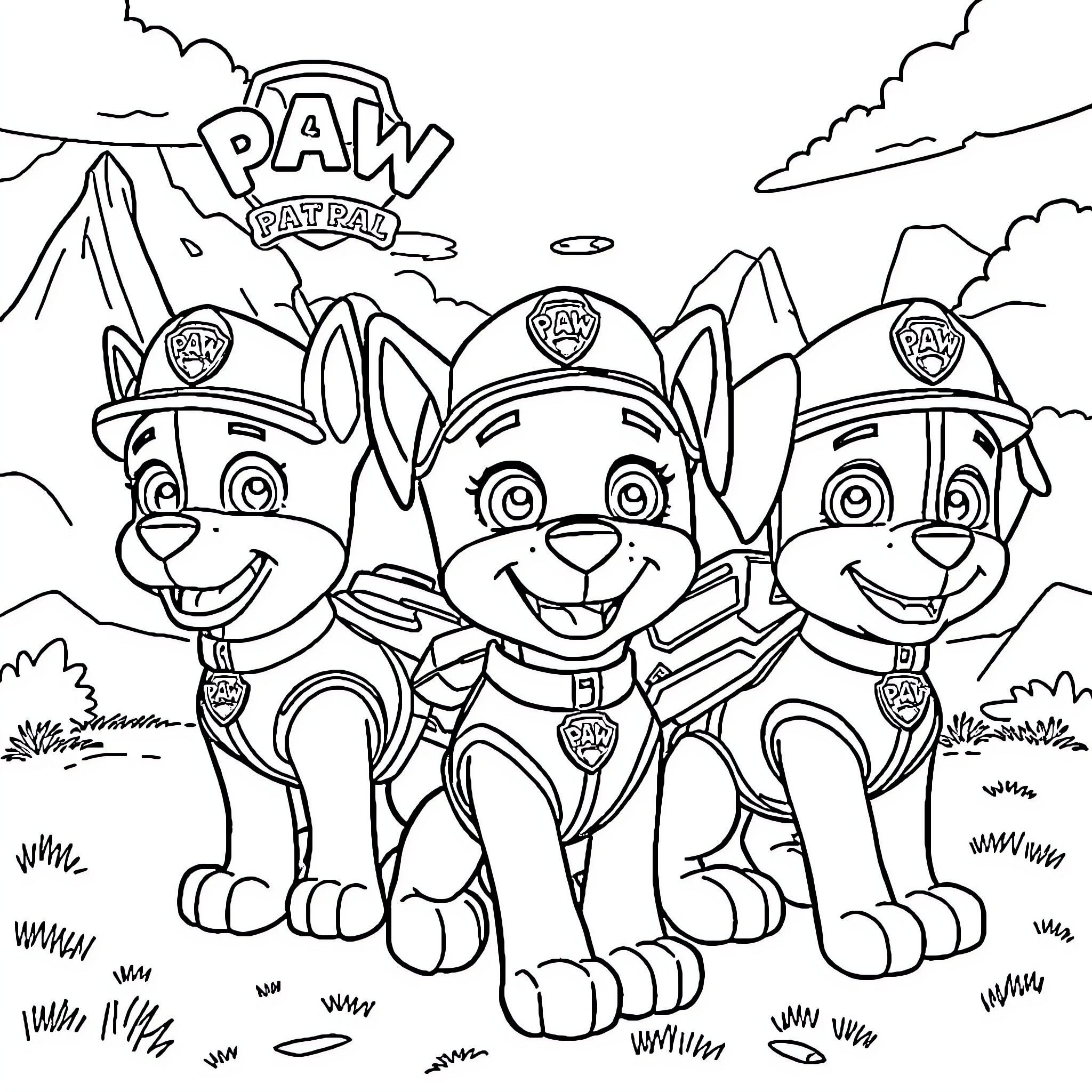 Paw Patrol puppies on a mission in the wilderness Coloring Page (free black-and-white line drawing printable PDF for all, from beginners to advanced learners, including children, teens, adults, and seniors)