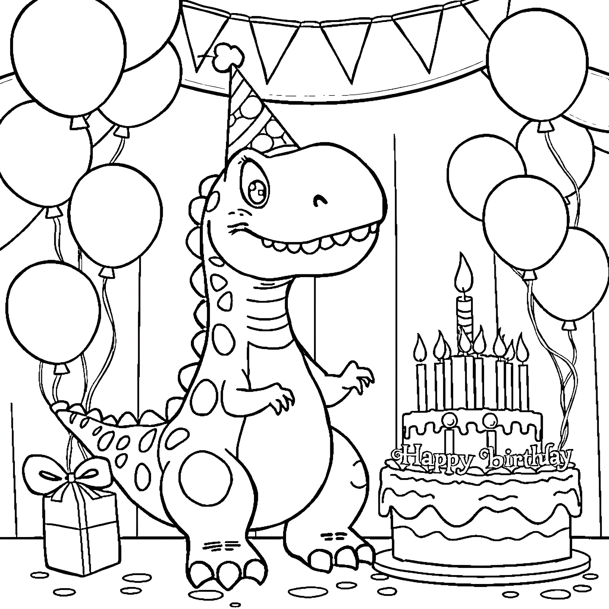 Dinosaur at a Birthday Celebration Coloring Page (free black-and-white line drawing printable PDF for all, from beginners to advanced learners, including children, teens, adults, and seniors)