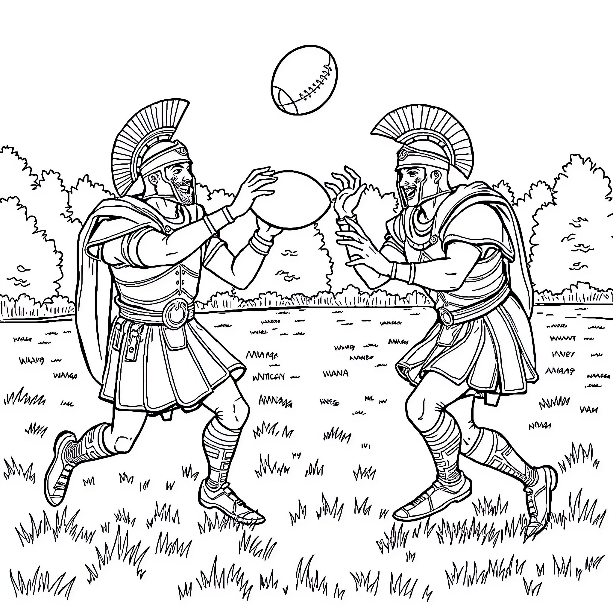 Soldiers engaging in athletic competition outdoors Coloring Page (free black-and-white line drawing printable PDF for all, from beginners to advanced learners, including children, teens, adults, and seniors)