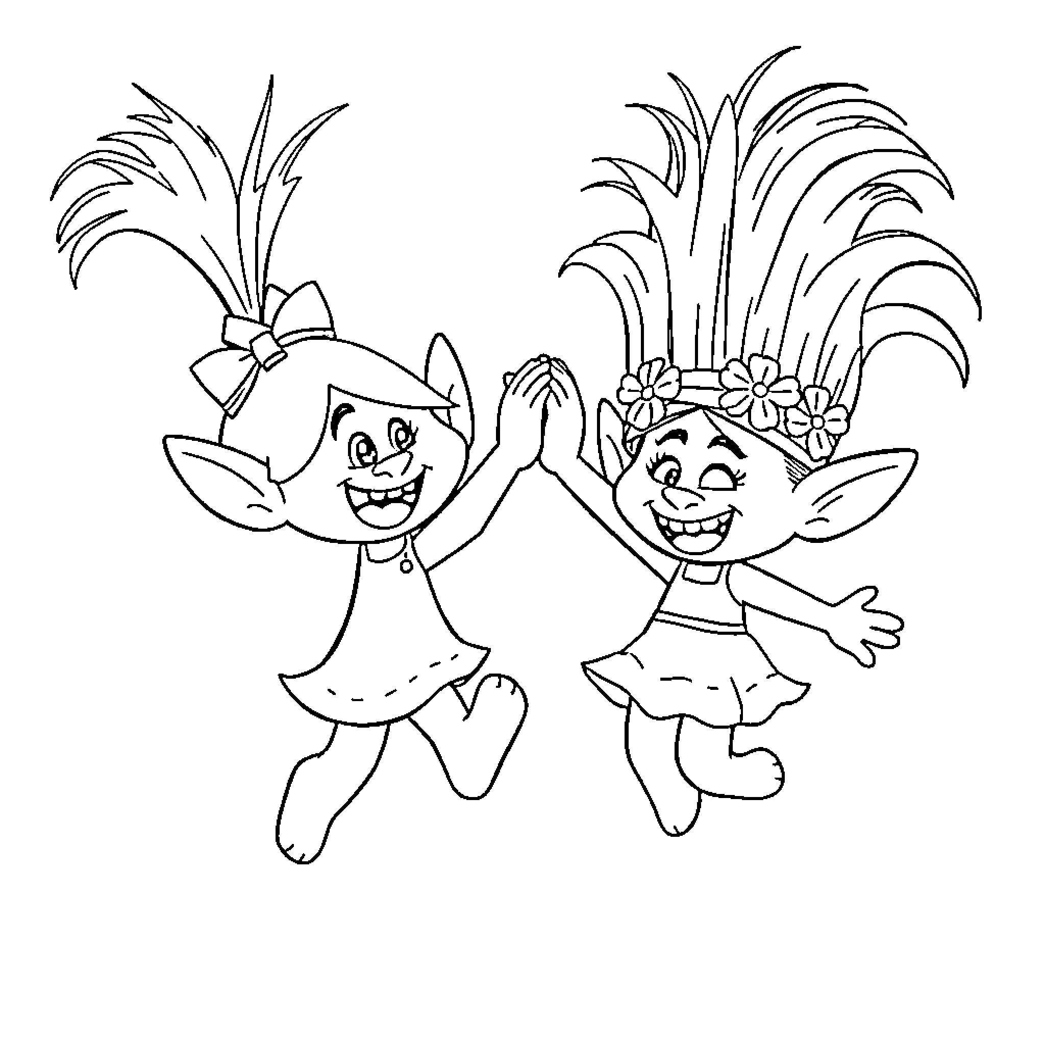 Poppy characters dancing happily together Coloring Page (free black-and-white line drawing printable PDF for all, from beginners to advanced learners, including children, teens, adults, and seniors)