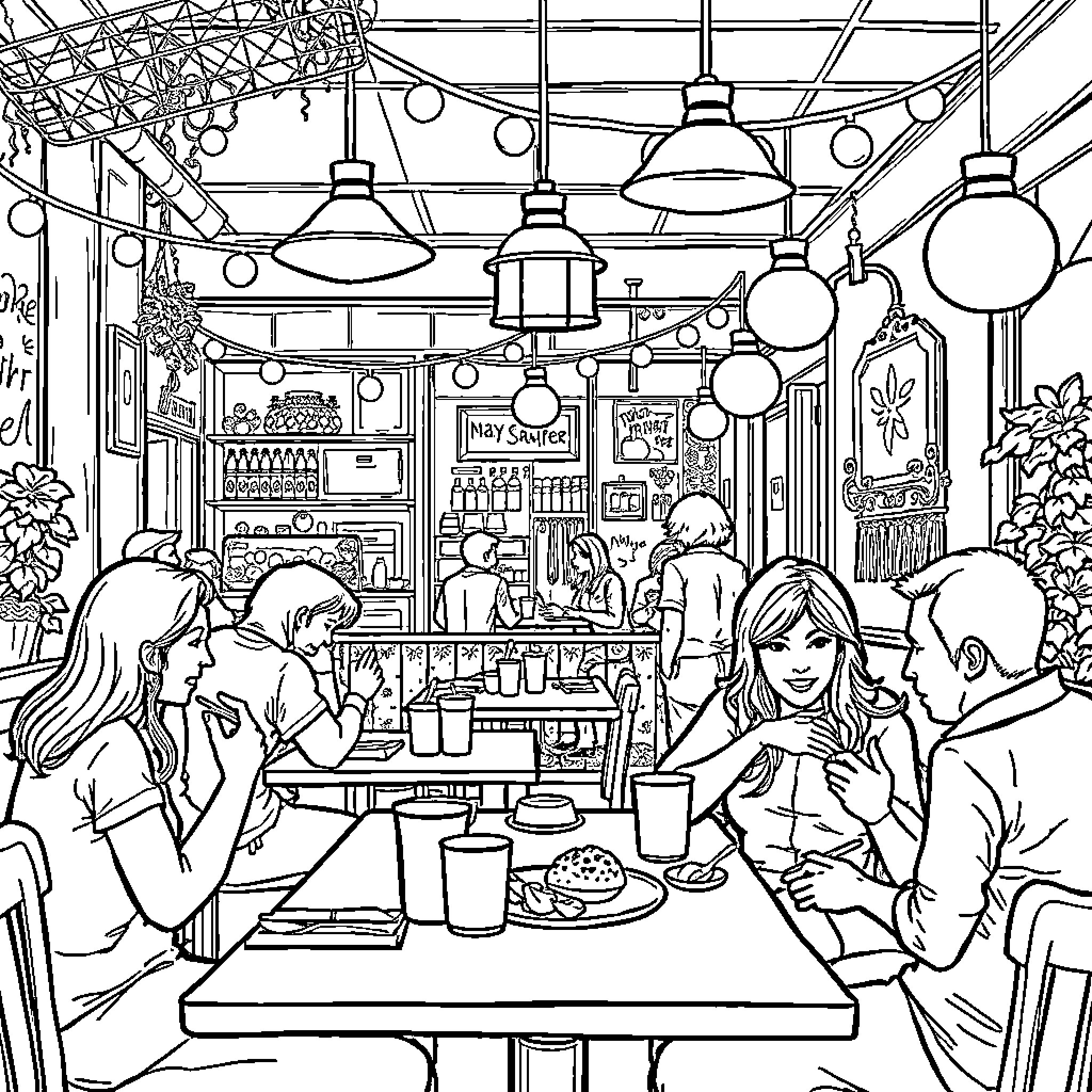 Restaurant with Vibrant Patrons and Lively Ambience Coloring Page (free black-and-white line drawing printable PDF for all, from beginners to advanced learners, including children, teens, adults, and seniors)