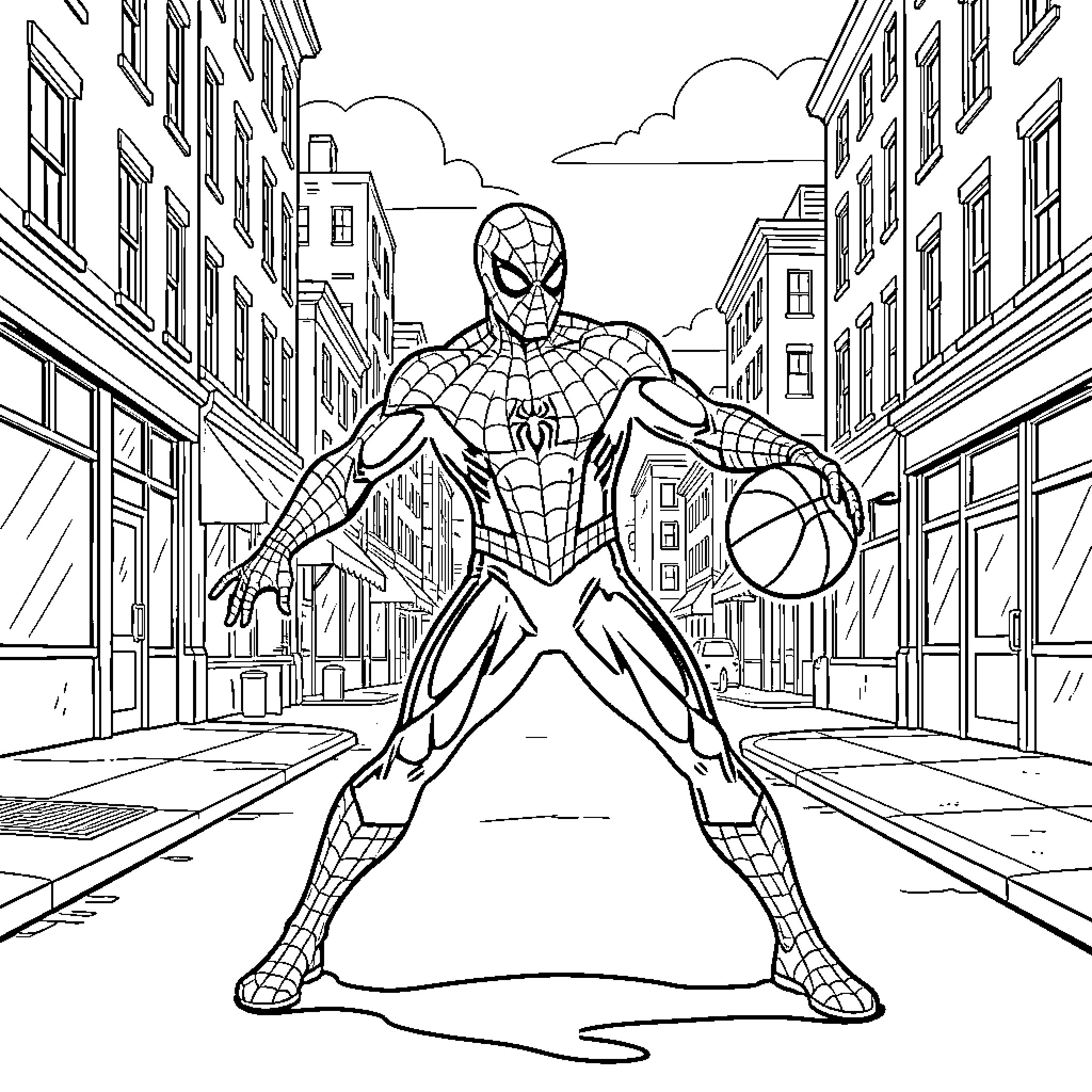Spiderman holding a basketball in a city street Coloring Page (free black-and-white line drawing printable PDF for all, from beginners to advanced learners, including children, teens, adults, and seniors)