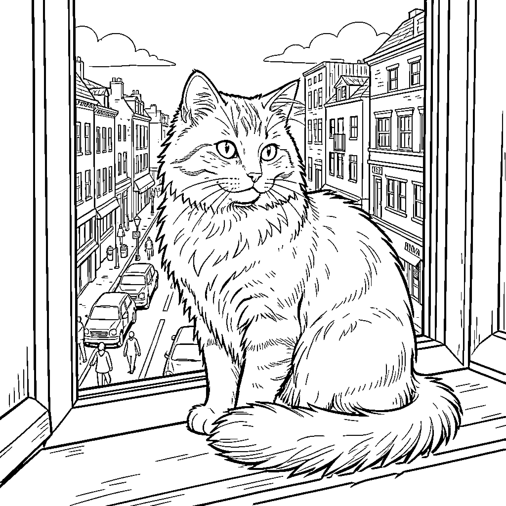 Cat gazing out the window at cityscape Coloring Page (free black-and-white line drawing printable PDF for all, from beginners to advanced learners, including children, teens, adults, and seniors)