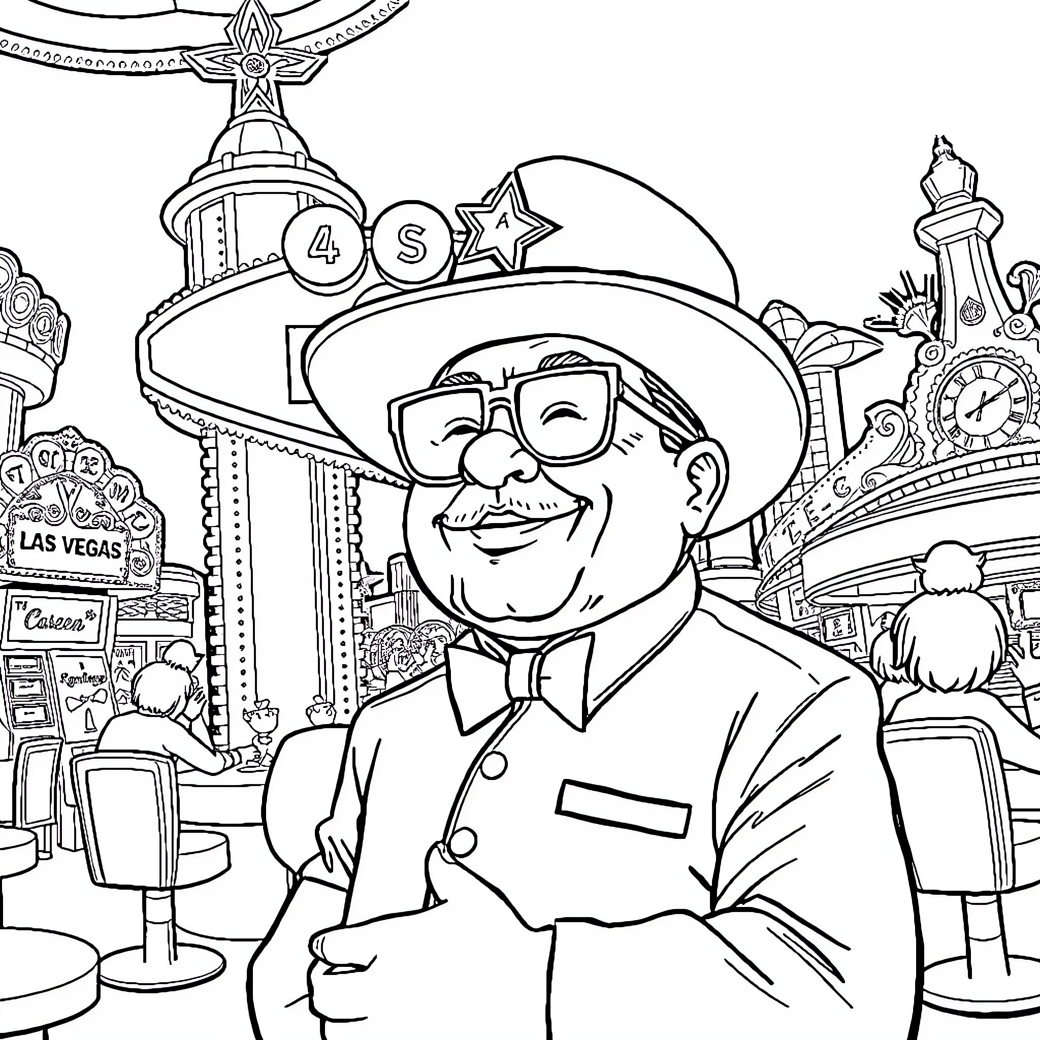 Guason depicted in a humorous casino scene Coloring Page (free black-and-white line drawing printable PDF for all, from beginners to advanced learners, including children, teens, adults, and seniors)