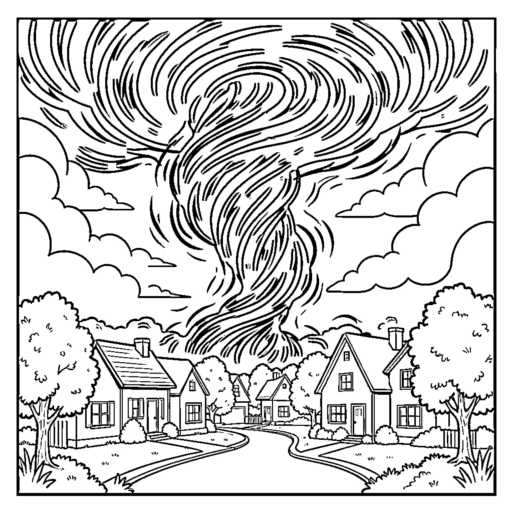 Tornado swirling over a small town Coloring Page (free black-and-white line drawing printable PDF for all, from beginners to advanced learners, including children, teens, adults, and seniors)