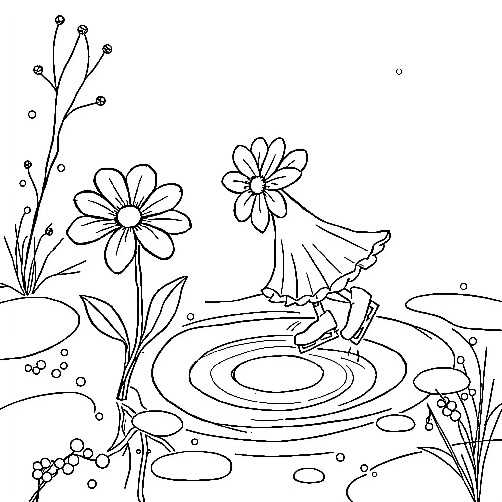 Flower dancing joyfully in a magical pond Coloring Page (free black-and-white line drawing printable PDF for all, from beginners to advanced learners, including children, teens, adults, and seniors)