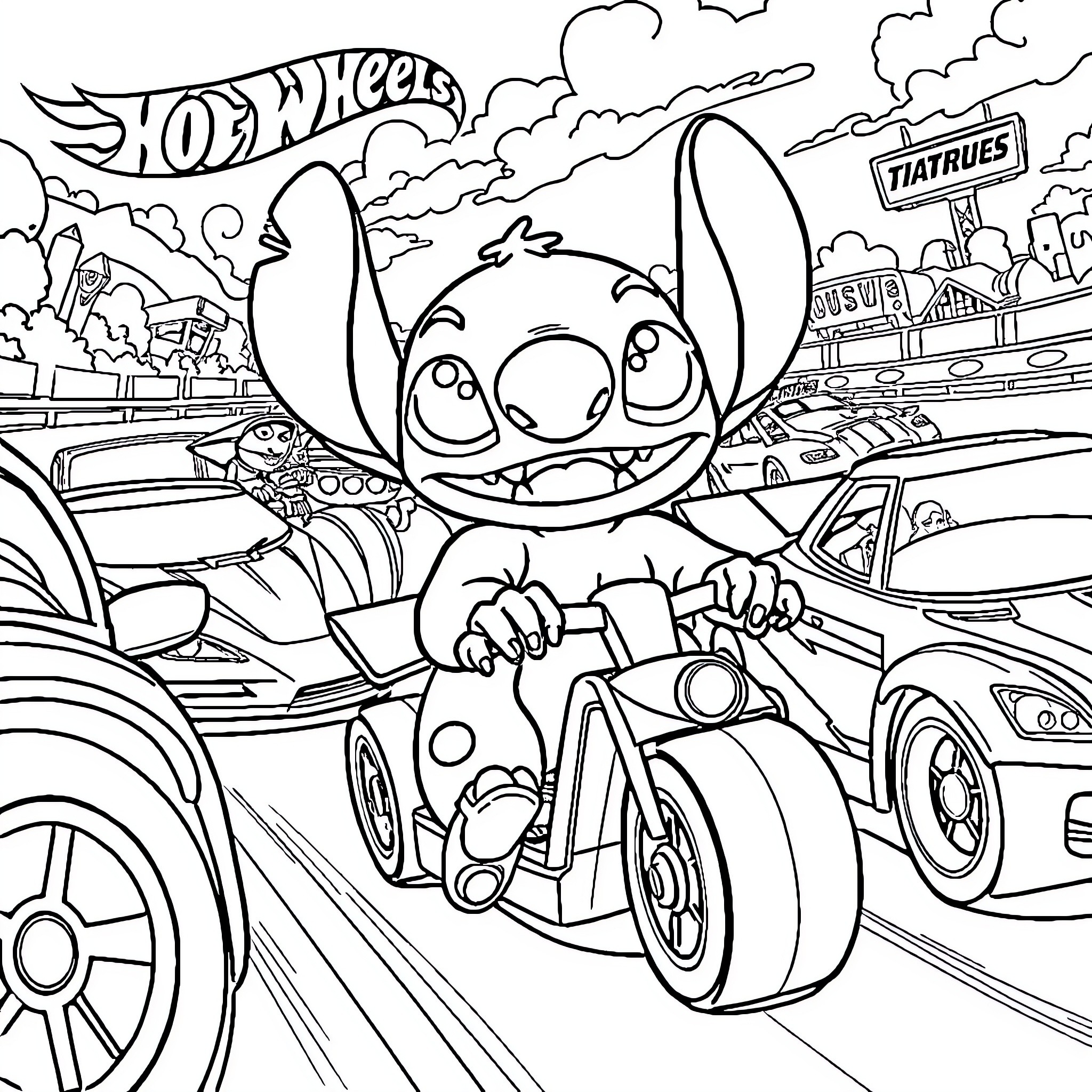 Patrouille of Stitch's Hot Wheels Adventure Coloring Page (free black-and-white line drawing printable PDF for all, from beginners to advanced learners, including children, teens, adults, and seniors)