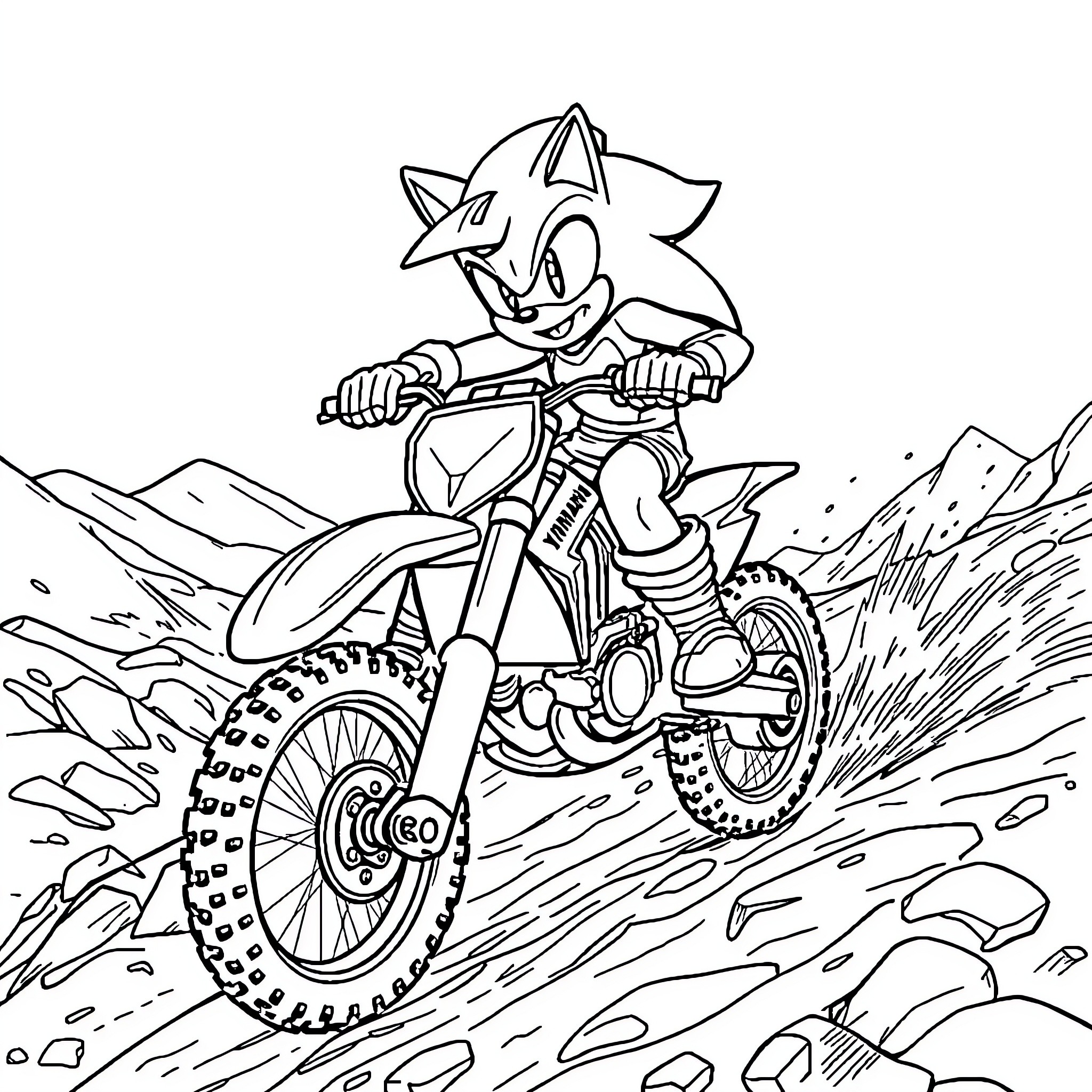 Motocross adventure through rugged terrain Coloring Page (free black-and-white line drawing printable PDF for all, from beginners to advanced learners, including children, teens, adults, and seniors)