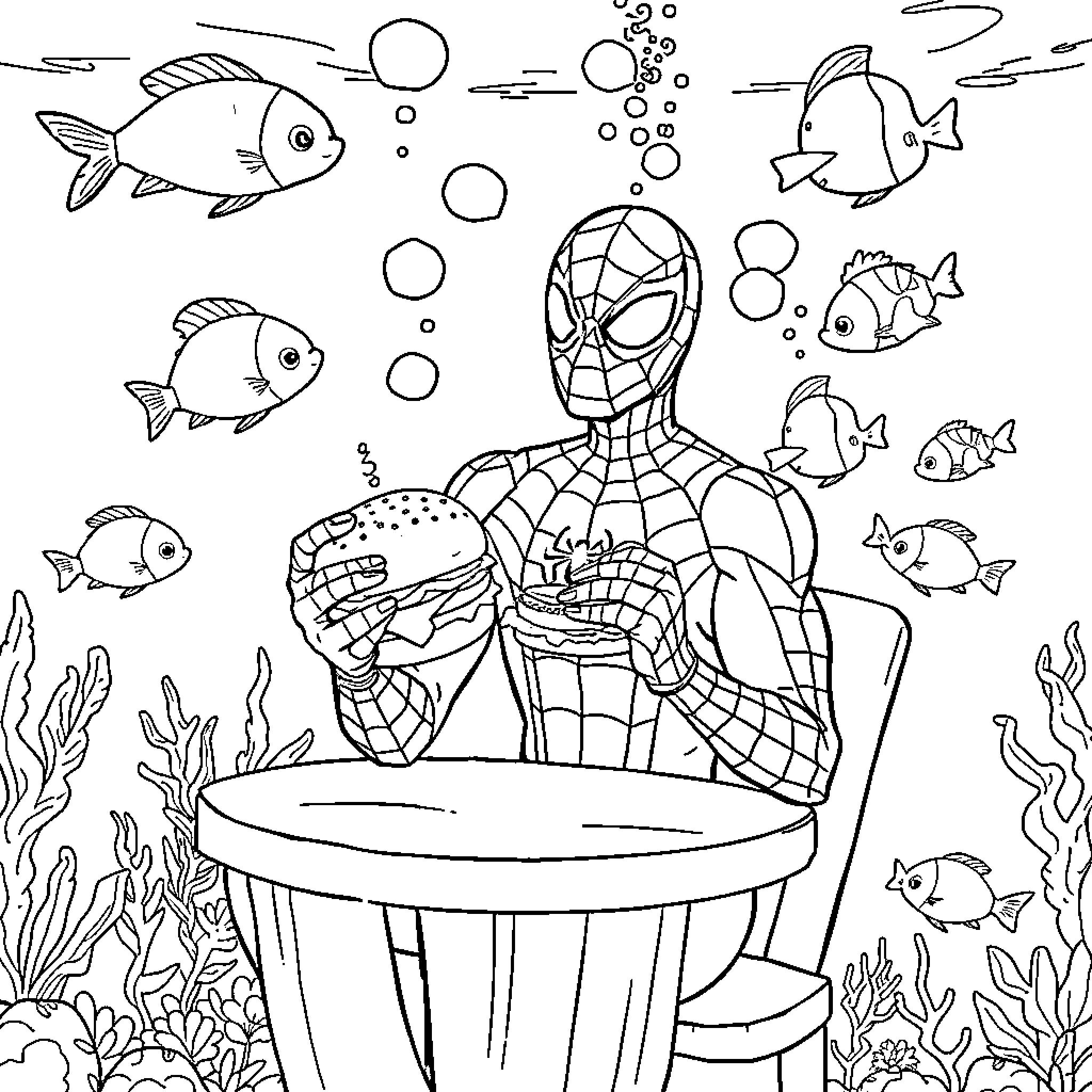 Spider-Man exploring an underwater scene with marine life Coloring Page (free black-and-white line drawing printable PDF for all, from beginners to advanced learners, including children, teens, adults, and seniors)